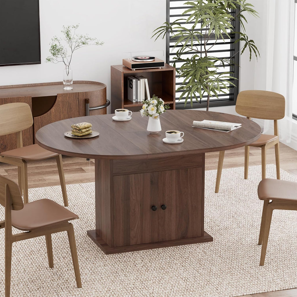 43.3in-59in Extendable Round Dining Table for 4-8, Modern Expandable Kitchen Oval Dining Table, Space Saving Circle Dining Room Table with Storage Shelf for Kitchen Living Room