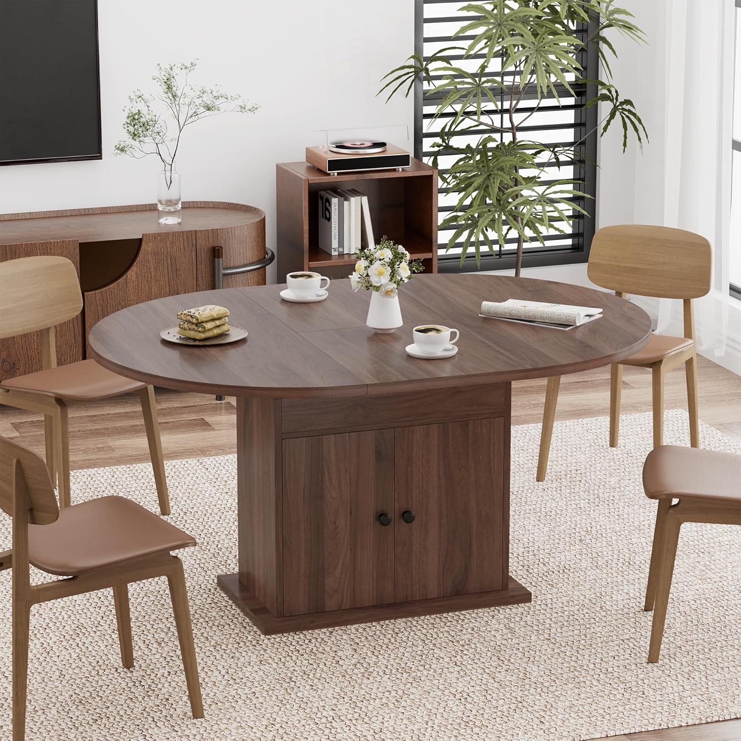 43.3in-59in Extendable Round Dining Table for 4-8, Modern Expandable Kitchen Oval Dining Table, Space Saving Circle Dining Room Table with Storage Shelf for Kitchen Living Room