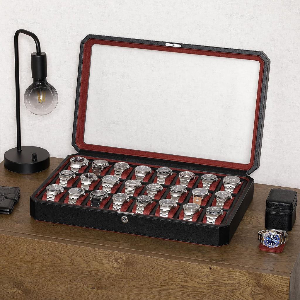 ROTHWELL 24 Slot Watch Case with Lock – Luxury Watch Box to Display and Organize Your Collection | Real Glass Top | Premium Storage for Collectors (Black/Red)