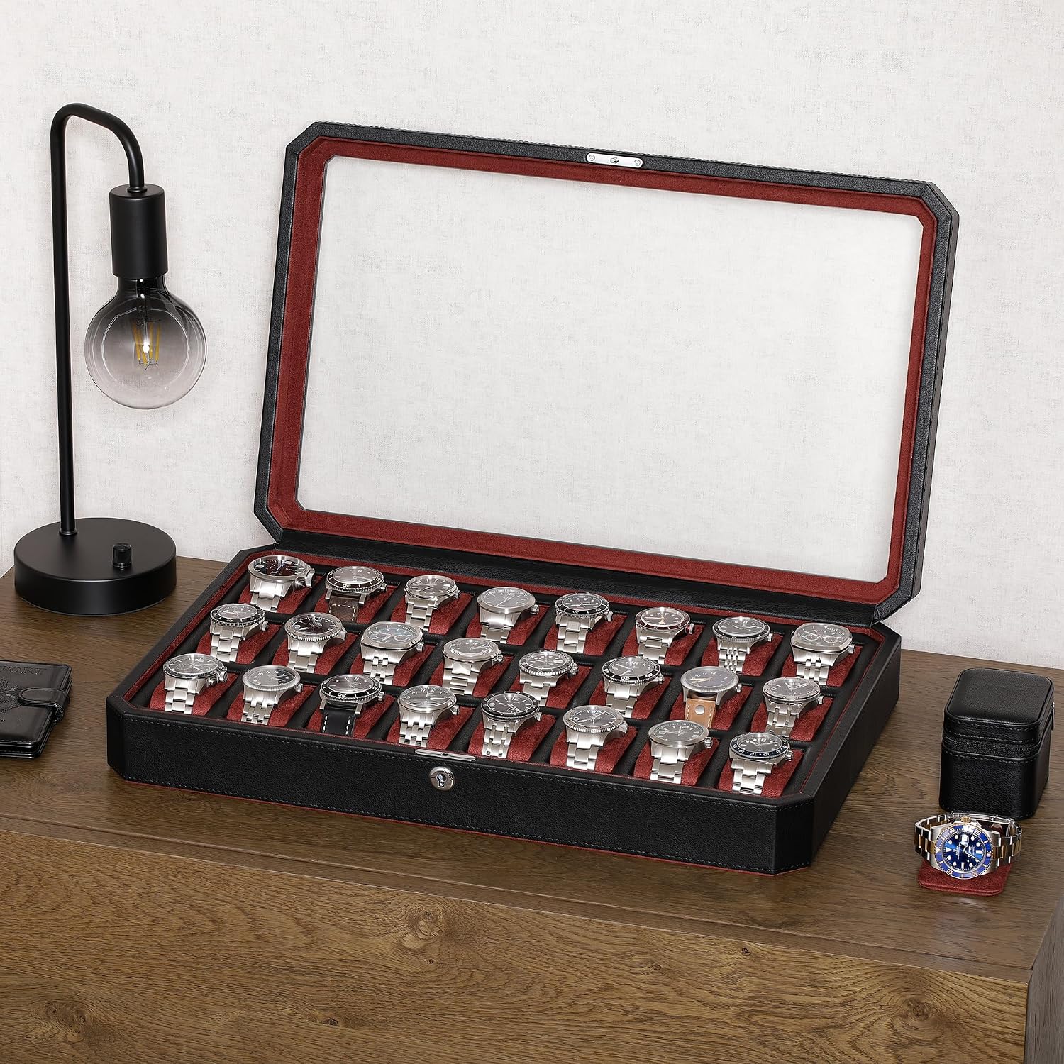 ROTHWELL 24 Slot Watch Case with Lock – Luxury Watch Box to Display and Organize Your Collection | Real Glass Top | Premium Storage for Collectors (Black/Red)