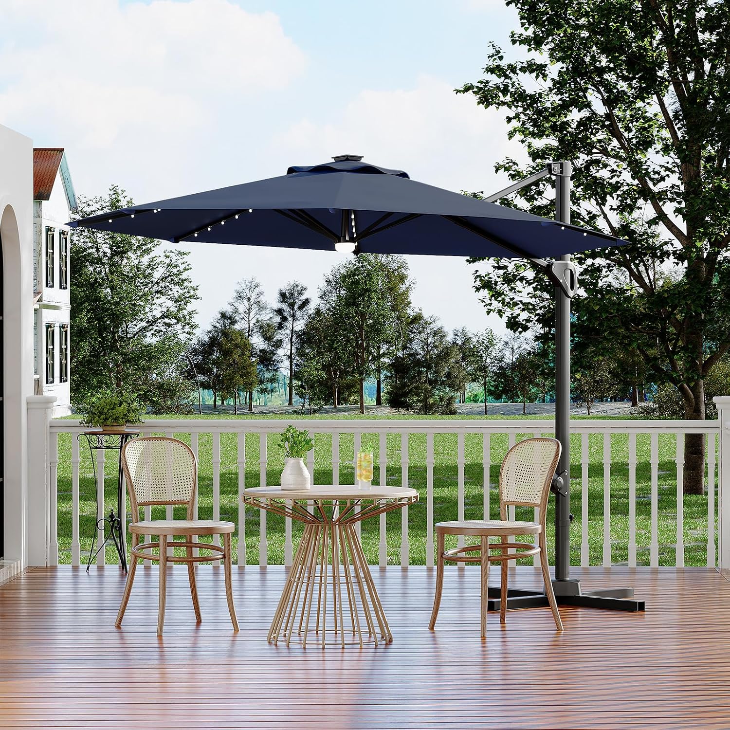 Garvee 10 ft Cantilever Patio Umbrella with Solar Lights, 360° Rotation Offset Umbrella, Easy Crank & Tilt Adjustment, UV Protection for Backyard, Poolside, Deck -Navy Blue