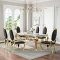 AF ARTISAN FURNITURE Modern Marble Dining Table Set of 6-70' Faux Marble Kitchen Table with 6 Leather Chairs, White Marble Top & Gold Mirrored Stainless Steel Legs, 6 Pieces Black High Back Chairs-c
