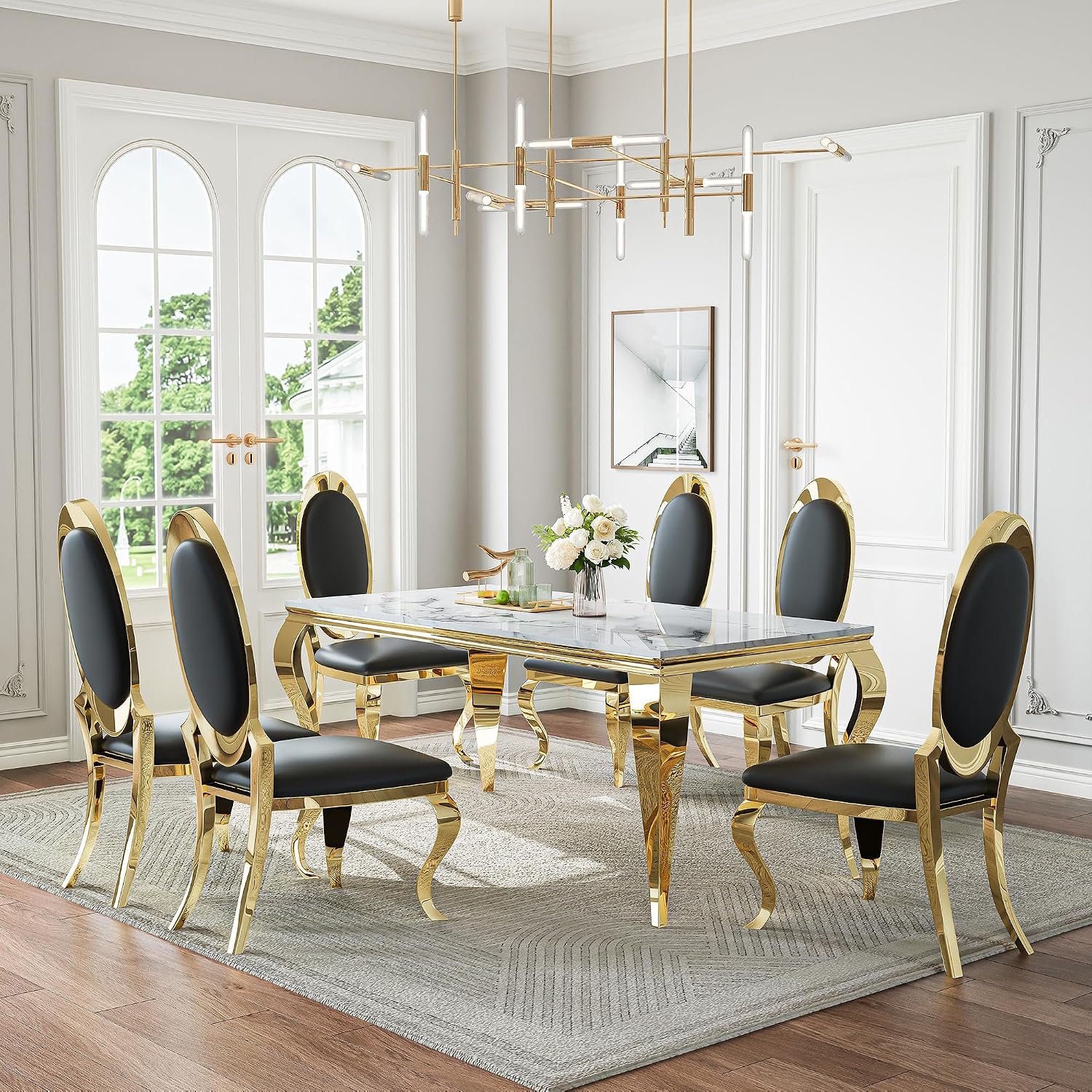 AF ARTISAN FURNITURE Modern Marble Dining Table Set of 4-70' Faux Marble Kitchen Table with 4 Leather Chairs, White Marble Top & Gold Mirrored Stainless Steel Legs, 4 Pieces Black High Back Chairs-c