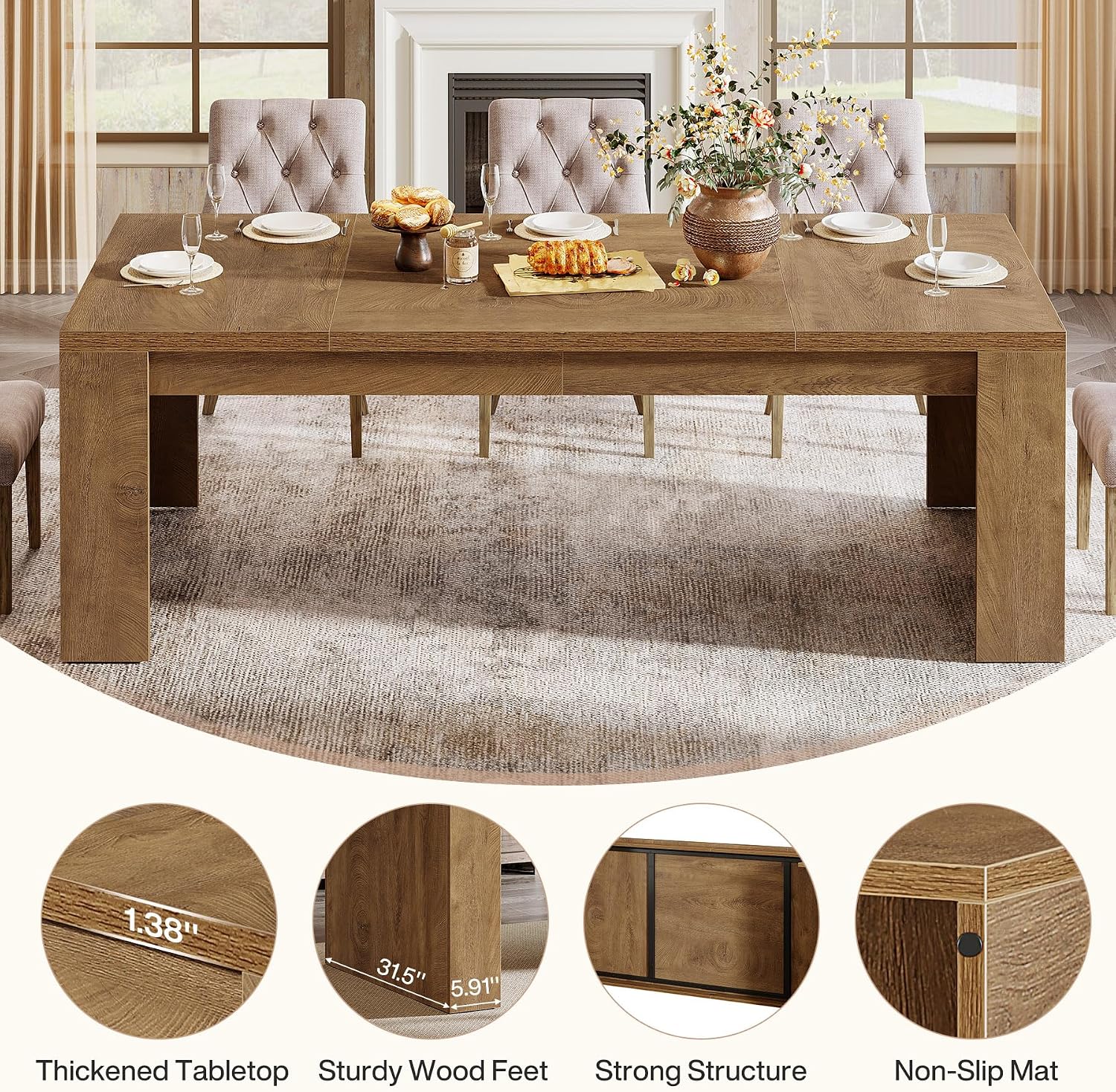Tribesigns Large Dining Table for 6-8 People, 70.9' Rustic Wooden Kitchen Dinner Table, Rectangle Dining Table with Sturdy Frame for Kitchen, Dining Room, Brown