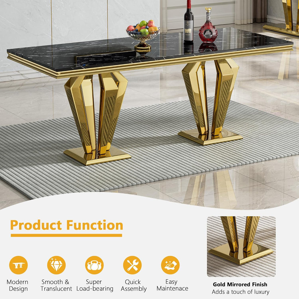 68' Luxury Rectangular Marble Dining Table for 4 to 6, Black Faux Marble Kitchen Table with Gold X Shape Stainless Steel Pedestal, Modern Kitchen Dining Room Table for Breakfast Dinette Dinner Party