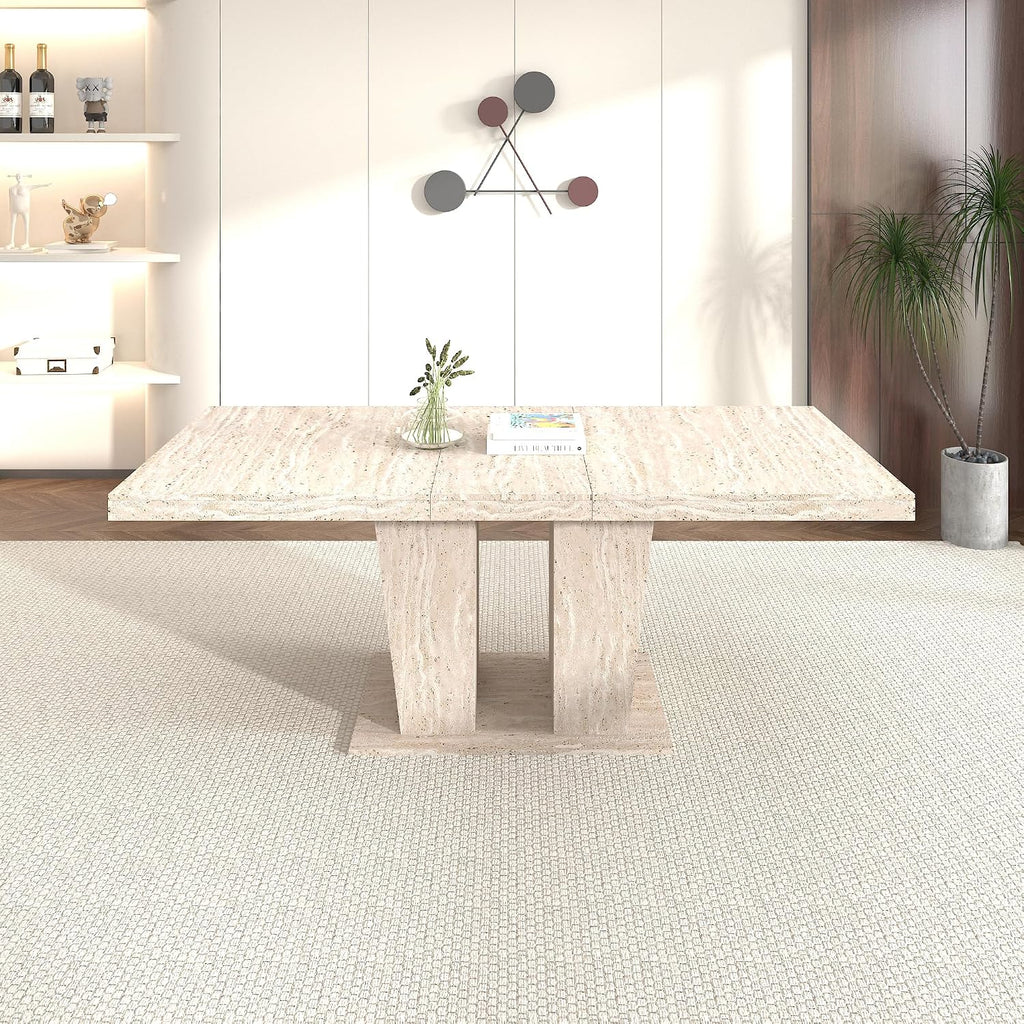 62.99' to 78.74' Extendable Rectangular Dining Table for 6-10 People,Kitchen Table with Veined Travertine Pattern for Family Living Room,Beige