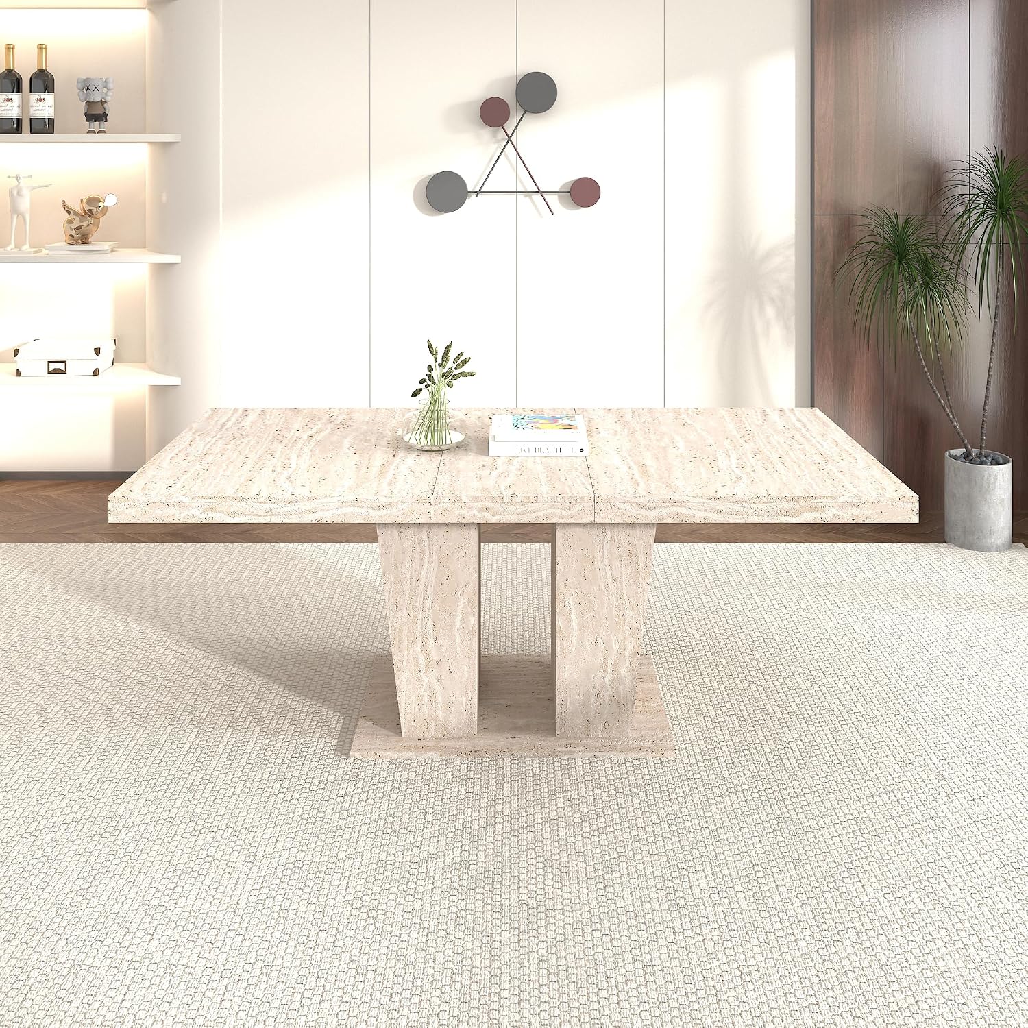 62.99' to 78.74' Extendable Rectangular Dining Table for 6-10 People,Kitchen Table with Veined Travertine Pattern for Family Living Room,Beige