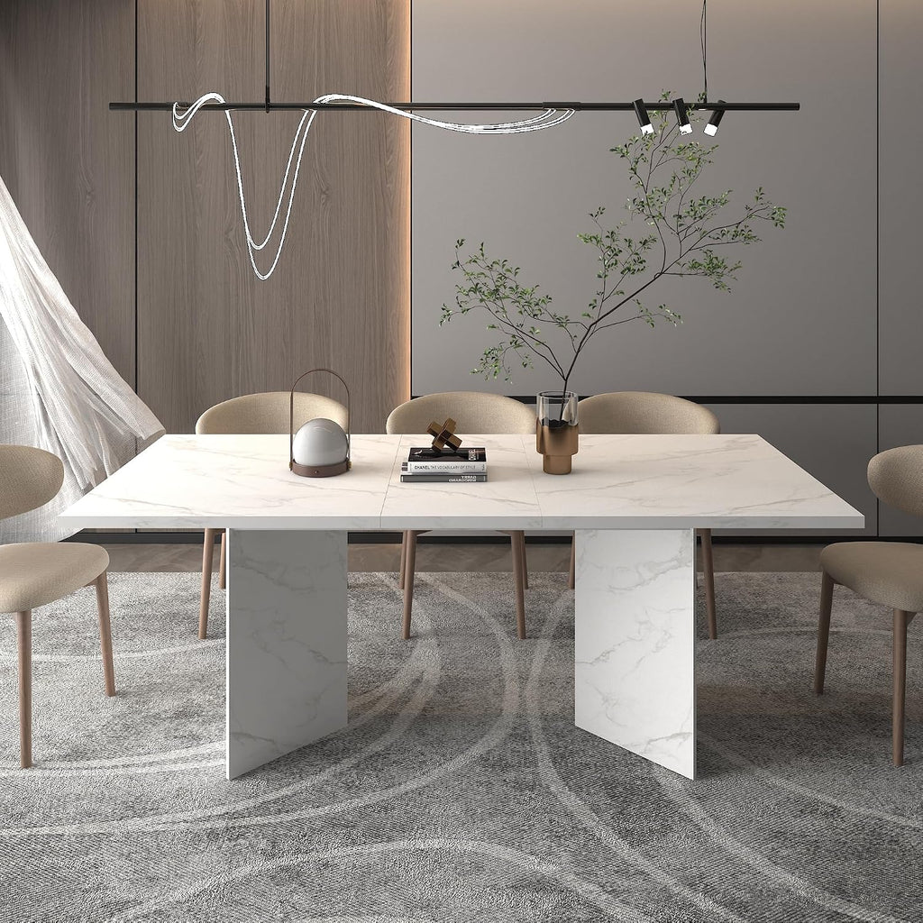 78.74'' Extendable Rectangular Dining Table with for 4-8, Modern Wood Expandable Kitchen Dinner Conference Table for Living Room Office, White Faux Marble