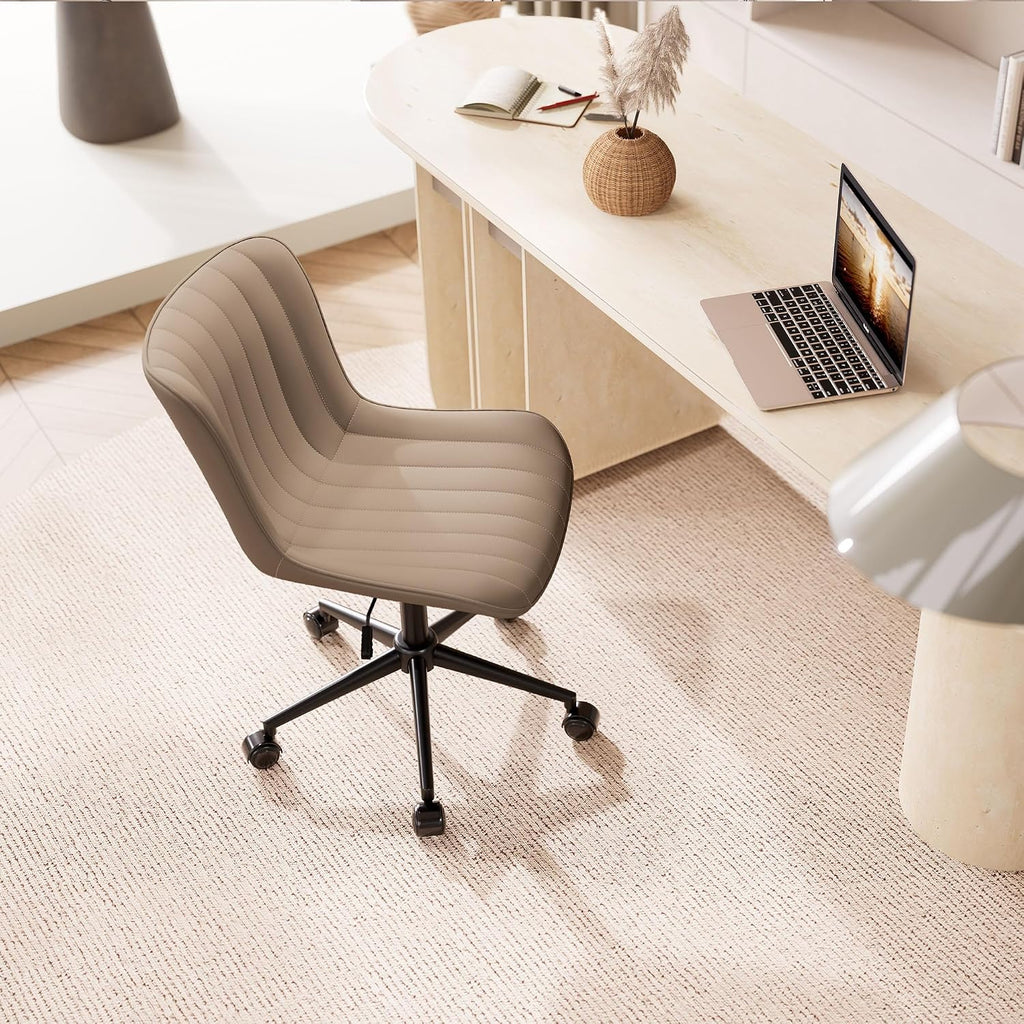 YOUNIKE Khaki Comfy Home Office Desk Chair with Wheels Armless Vanity Chair with Back Ergonomic Modern Leather Upholstered Rolling Task Chair Small Cute Sewing Chair No Arms Wide Swivel Adjustable