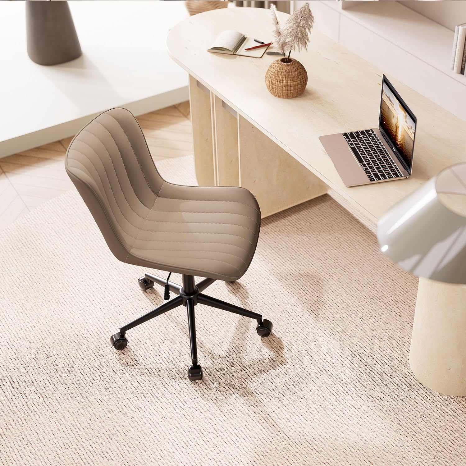 YOUNIKE Khaki Comfy Home Office Desk Chair with Wheels Armless Vanity Chair with Back Ergonomic Modern Leather Upholstered Rolling Task Chair Small Cute Sewing Chair No Arms Wide Swivel Adjustable