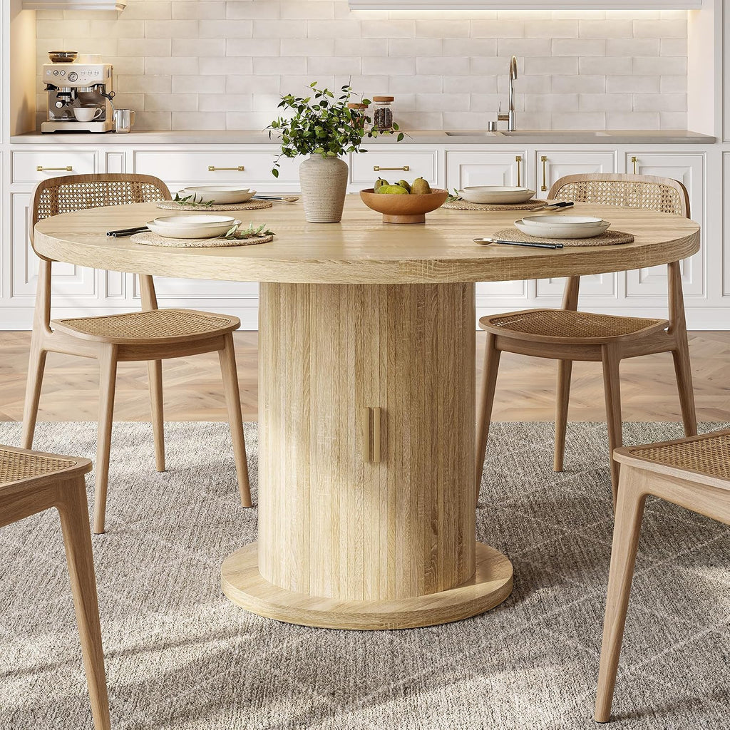 Round Dining Table for 4-6, 43.3' Modern Farmhouse Kitchen Table with Hidden Storage & Tambour Door, Japandi Style Wood Pedestal Circle Table for Small Spaces, Apartment, Dining Room, Classic Oak