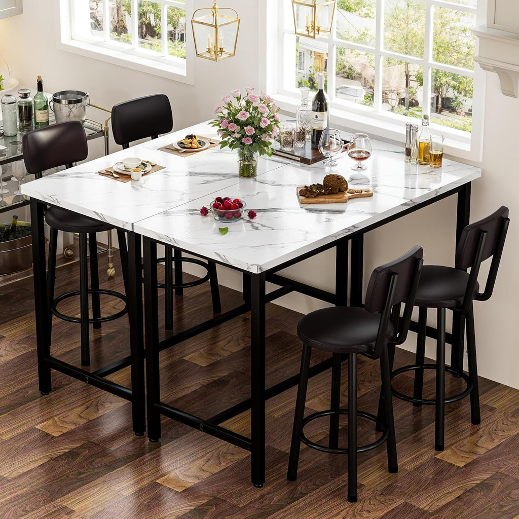 Recaceik 3 Piece Bar Table with Stools Set for 2, Modern Faux Marble High Top Small Dining Table and Chairs, Pub Bistro Set for Dining Room, Kitchen, Breakfast Nook, Small Space, Apartment
