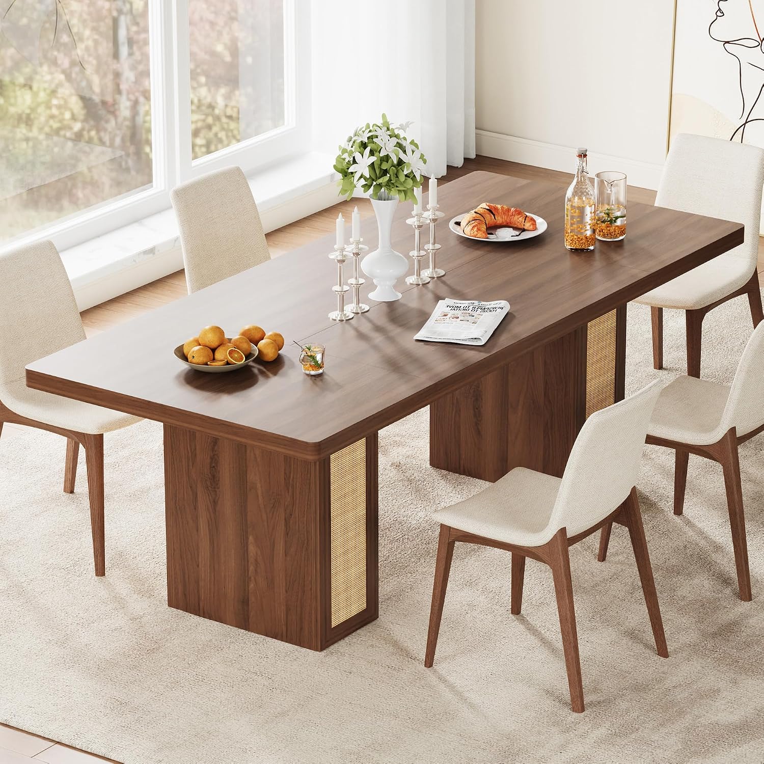 LIKIMIO 78.7' Farmhouse Dining Table for 6-8 People, Extra Thick Wood Top with 2 Hidden Adjustable Storage Drawers, Modern Woven Rattan Table for Dining Room, Kitchen, Living Room, Vintage Brown