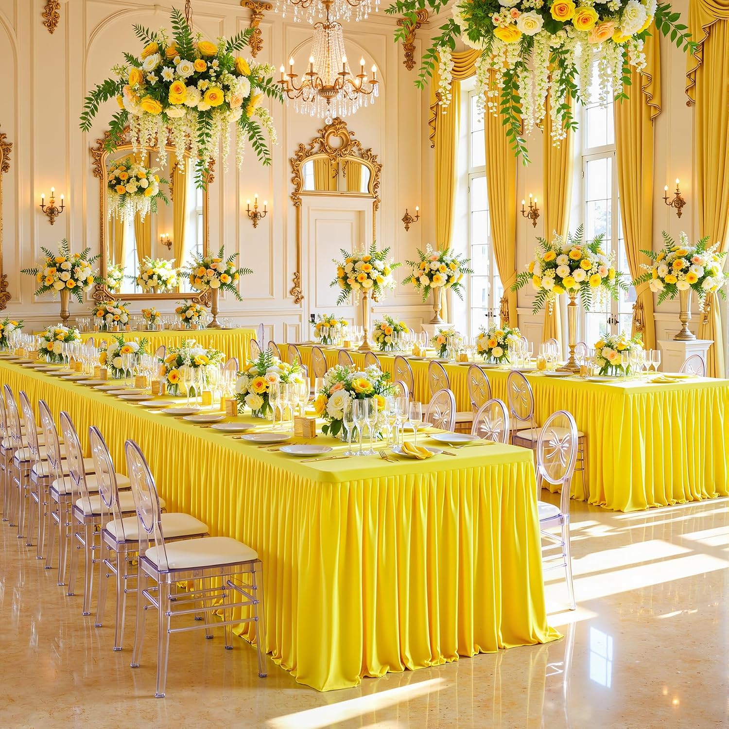 6 Pack Yellow Tablecloths for Rectangle Tables 6ft, Wrinkle Resistant Spandex Table Cover Fitted Stretch Table Cloth with Pleated Ruffle Skirts for Party Banquet Dining Birthday Wedding