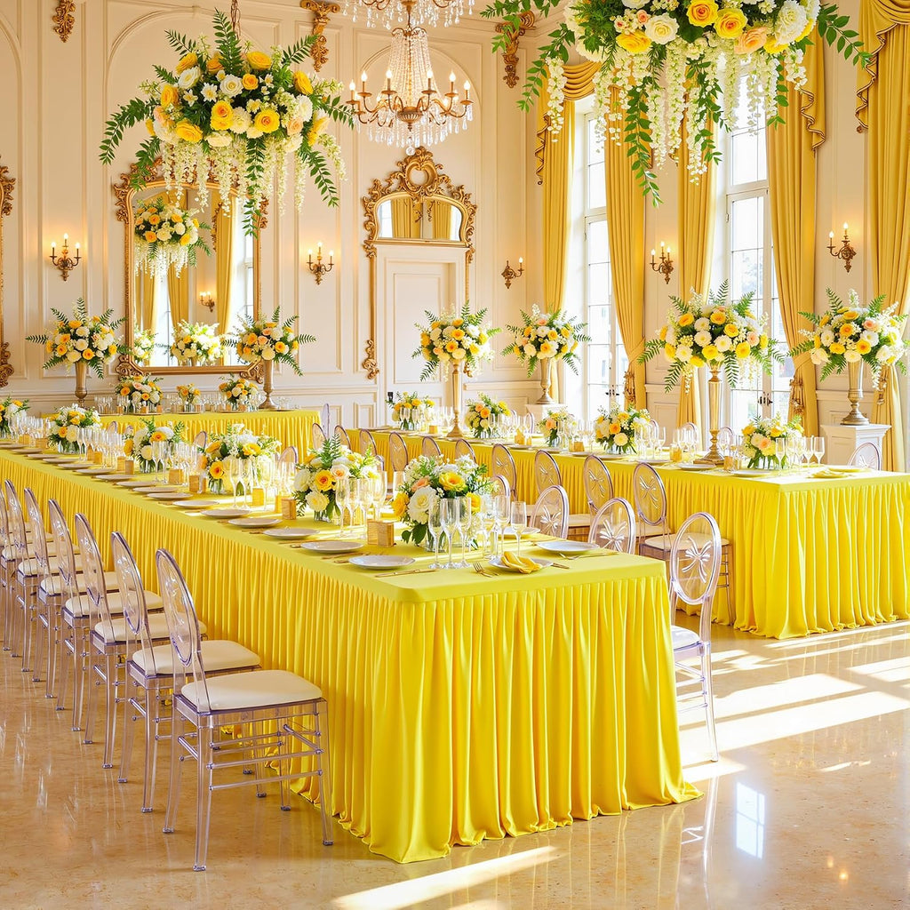 6 Pack Yellow Tablecloths for Rectangle Tables 8ft, Wrinkle Resistant Spandex Table Cover Fitted Stretch Table Cloth with Pleated Ruffle Skirts for Party Banquet Dining Birthday Wedding
