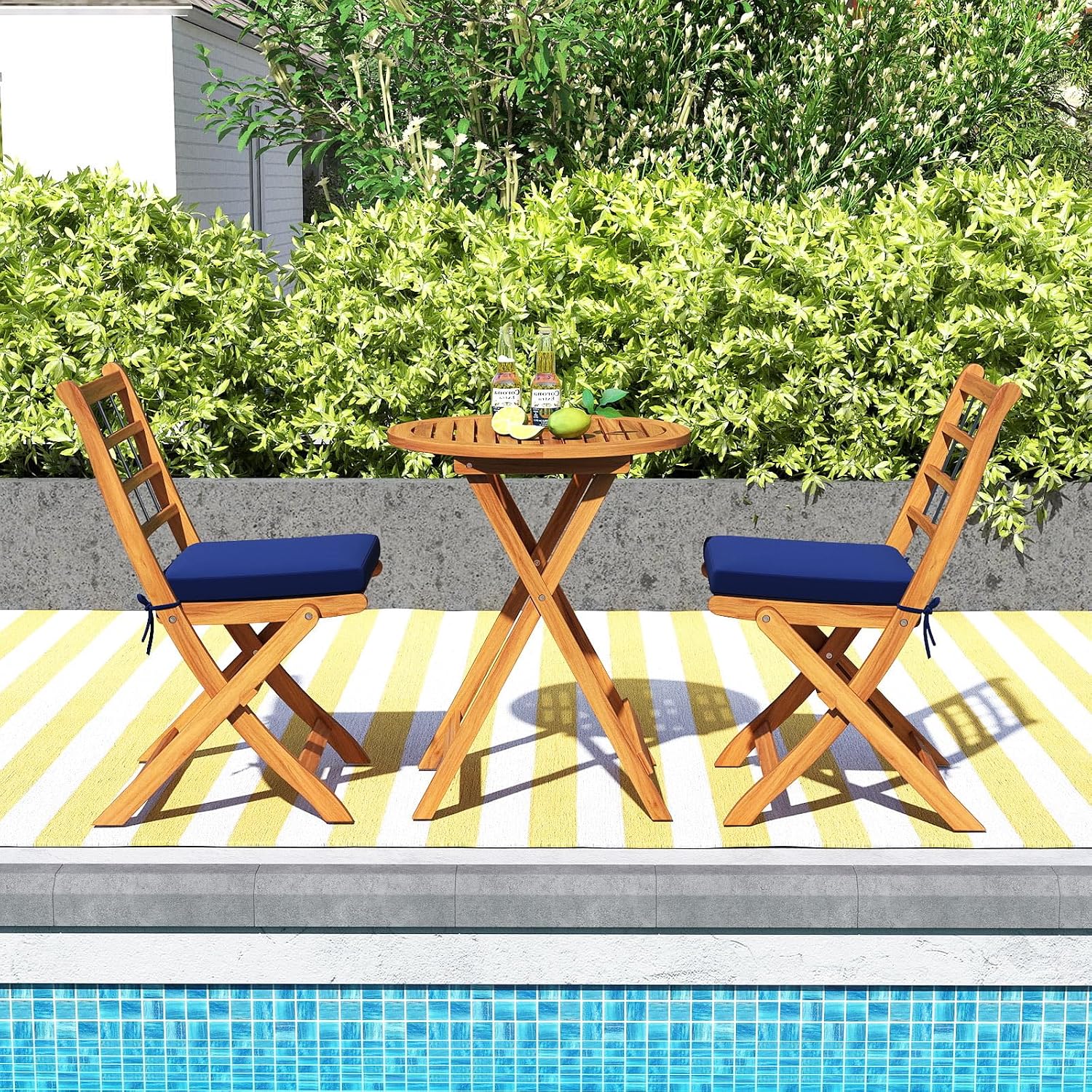 Tangkula 3 Piece Patio Wood Bistro Set, Folding Table Chair Set w/Soft Seat Cushions, Acacia Wood Frame, High-Back Portable Chairs w/Table for Backyard, Poolside (Navy)