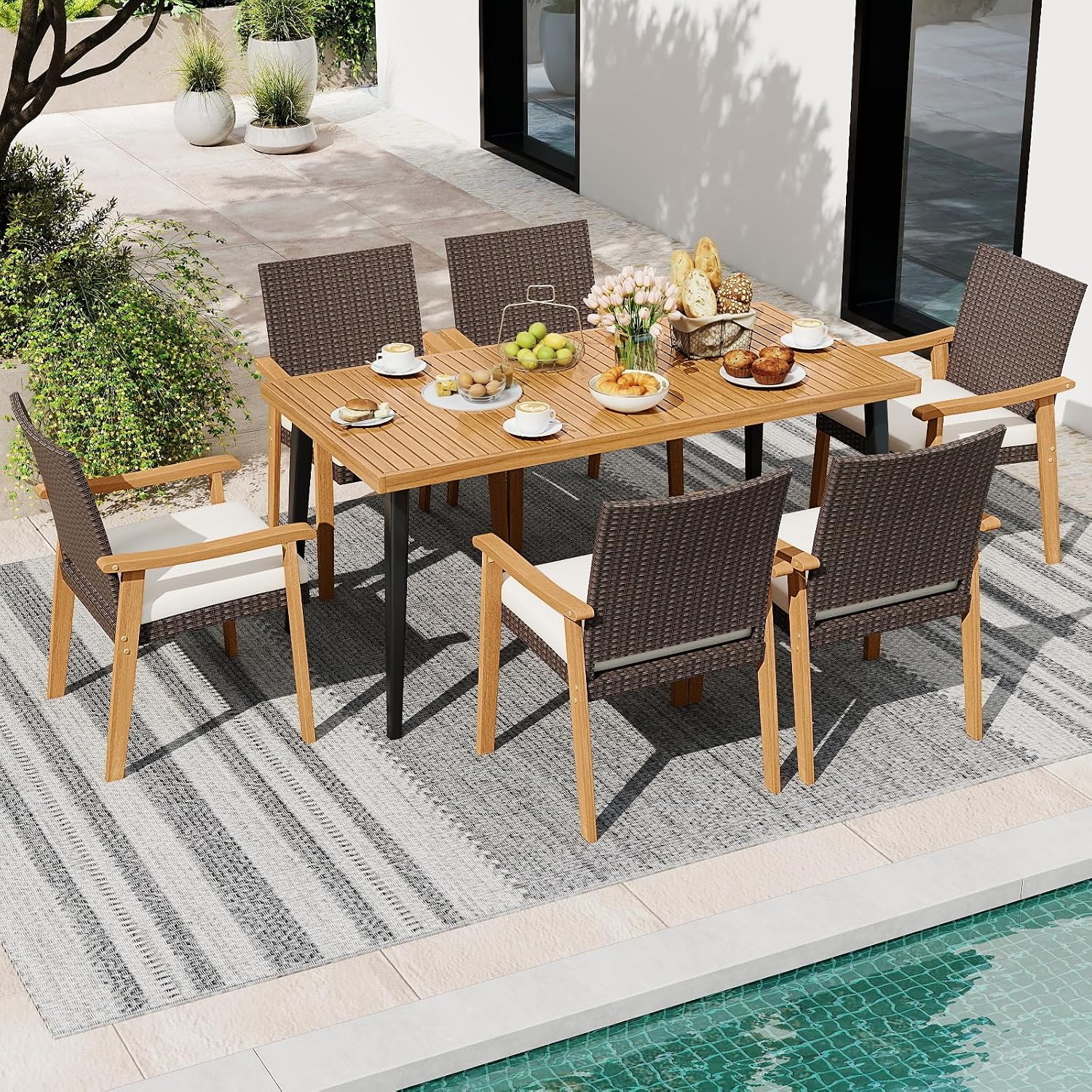HAPPYGRILL Acacia Wood Outdoor Dining Table 63', 4-6 Person Rectangular Patio Table with Umbrella Hole and Solid Metal Frame, for Garden, Poolside, Backyard and Deck