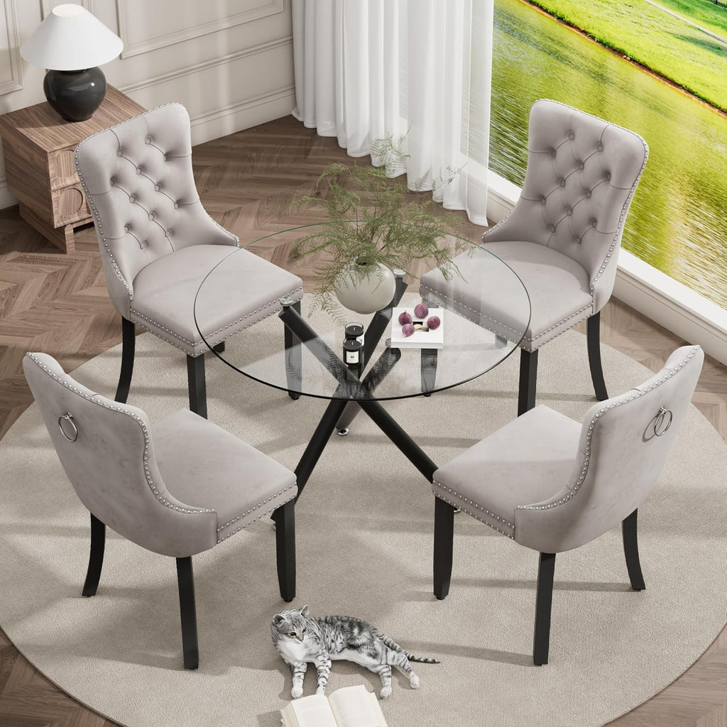 Modern Luxury Round Glass Dining Set for 4, 5 Pcs Small Minimalist Circle Kitchen Table Set, 36'' Clear Circular Glass Top Dinner Room Set, Grey High-end Tufted Chairs, for Apartment (Black)