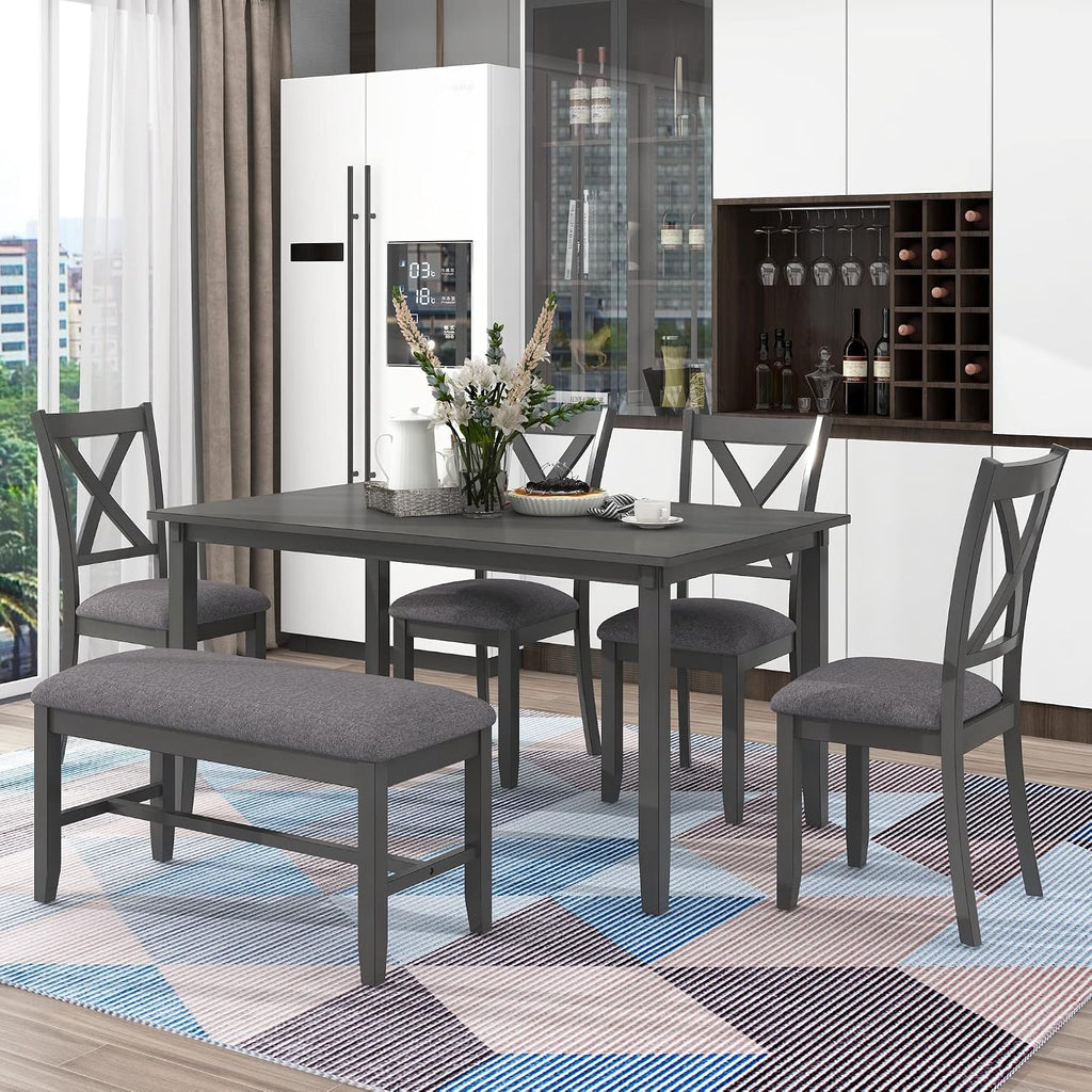 Harper & Bright Designs 6-Piece Dining Table Set, Dining Room Table Set with Wooden Rectangular Dining Table, 4 Dining Chair and Bench, Kitchen Dinette Set for 6 People (Grey)