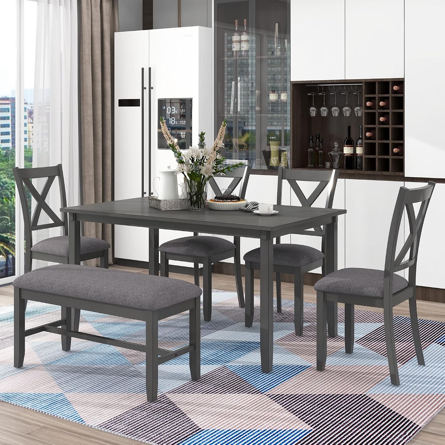 Harper & Bright Designs 6-Piece Dining Table Set, Dining Room Table Set with Wooden Rectangular Dining Table, 4 Dining Chair and Bench, Kitchen Dinette Set for 6 People (Grey)
