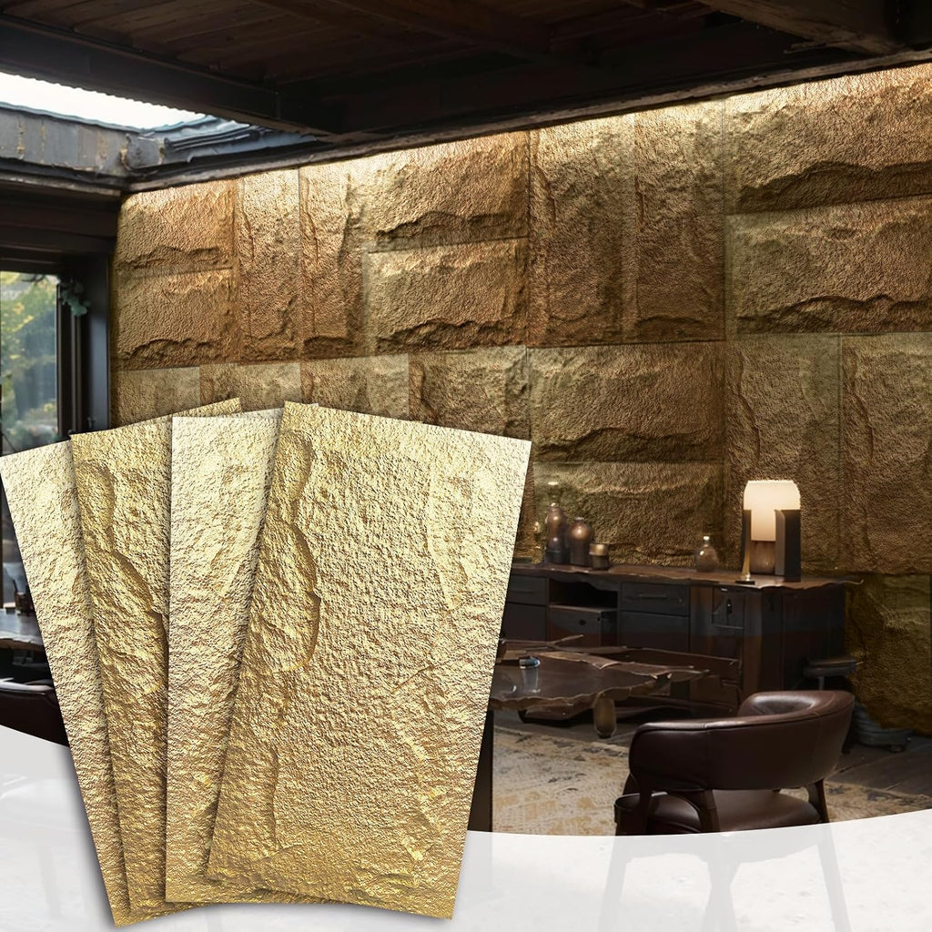Stone 3D Wall Panels,4-Pack PU Wall Panels, 23.6'*47.2' Wall Paneling for Interior Wall Decor, Faux Stone Wall Panel for Accent Wall Decor, Sophisticated & Stylish 3D Wall Decor(Luxurious Gold)