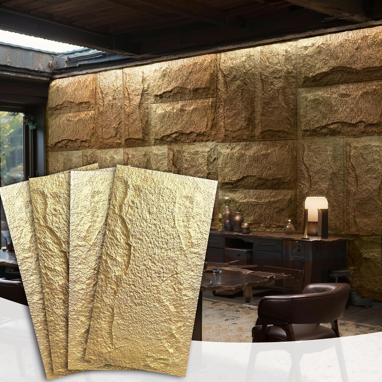 Stone 3D Wall Panels,4-Pack PU Wall Panels, 23.6'*47.2' Wall Paneling for Interior Wall Decor, Faux Stone Wall Panel for Accent Wall Decor, Sophisticated & Stylish 3D Wall Decor(Luxurious Gold)