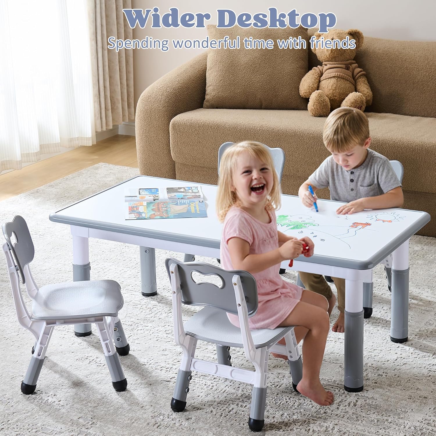Kids Table and 4 Chairs Set, Height Adjustable Toddler Table and Chair Set, Toddler Desk with Graffiti Desktop & Non-Slip Legs, Children Activity Table for Daycare, Classroom (Grey)