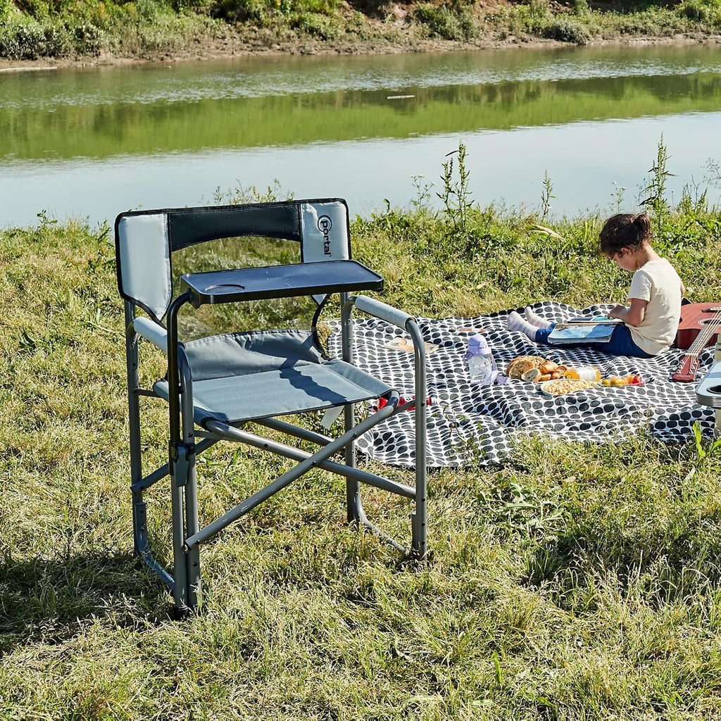 Portal Folding Director Chair with 2-Way Rotating Side Table, Heavy Duty 300 lb Camping Chair with Swivel Tray & Cup Holder, Ergonomic Mesh Back Portable Outdoor Seat for RV, Tailgating & Lawn, Grey