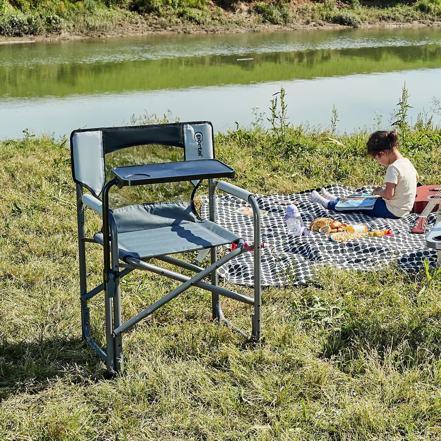 Portal Folding Director Chair with 2-Way Rotating Side Table, Heavy Duty 300 lb Camping Chair with Swivel Tray & Cup Holder, Ergonomic Mesh Back Portable Outdoor Seat for RV, Tailgating & Lawn, Grey