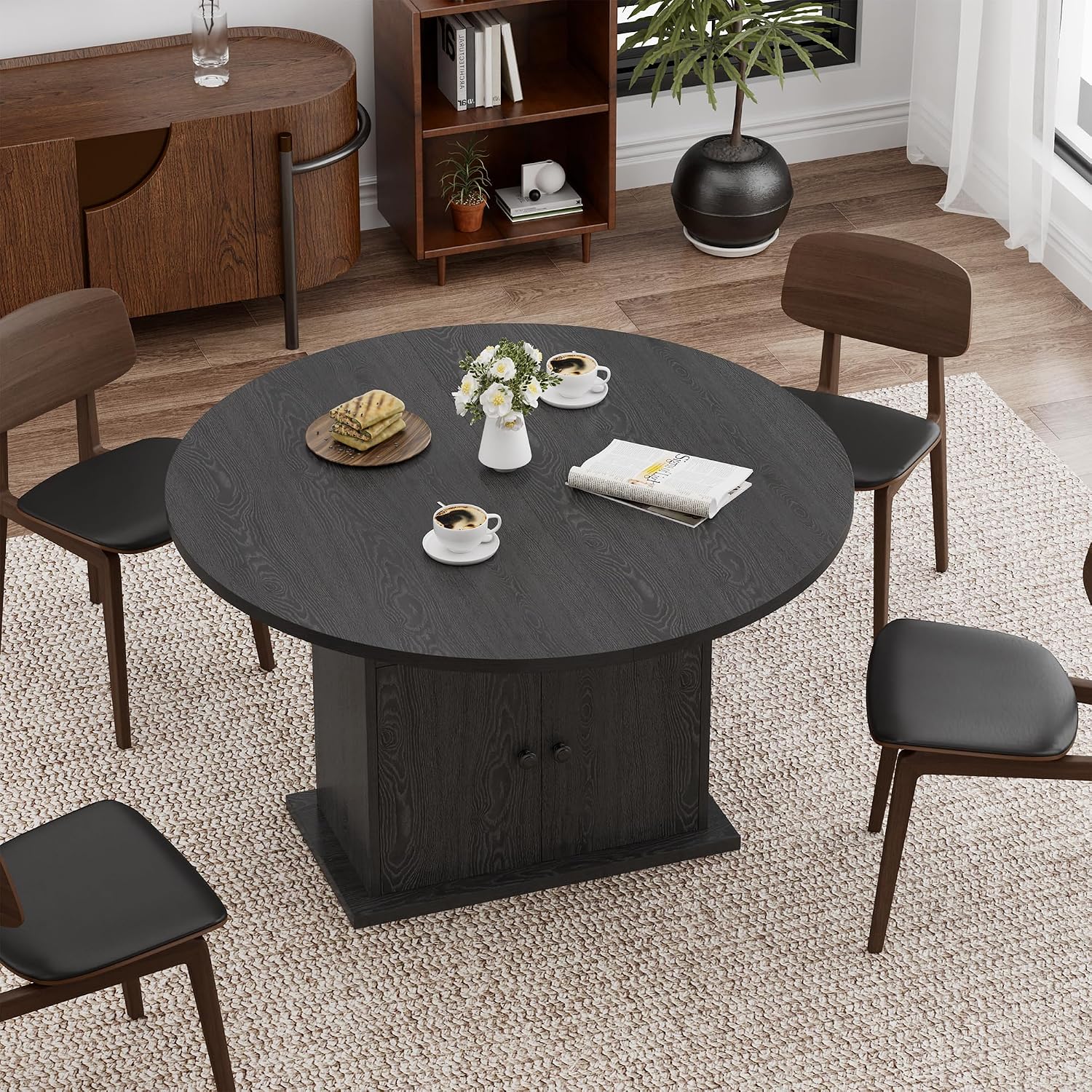 43.3in-59in Extendable Round Dining Table for 4-8, Modern Expandable Kitchen Oval Dining Table, Space Saving Circle Dining Room Table with Storage Shelf for Kitchen Living Room