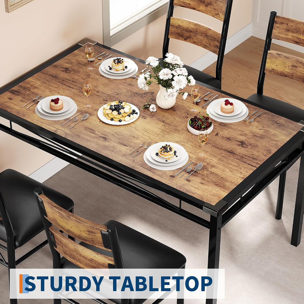 IDEALHOUSE Wood Dining Table Set for 4 with Corner Protector, Kitchen Table Chairs Set of 4 with Upholstered Chairs, Dining Room Table Set for 4, for Dining Room, Apartment,Retro Brown