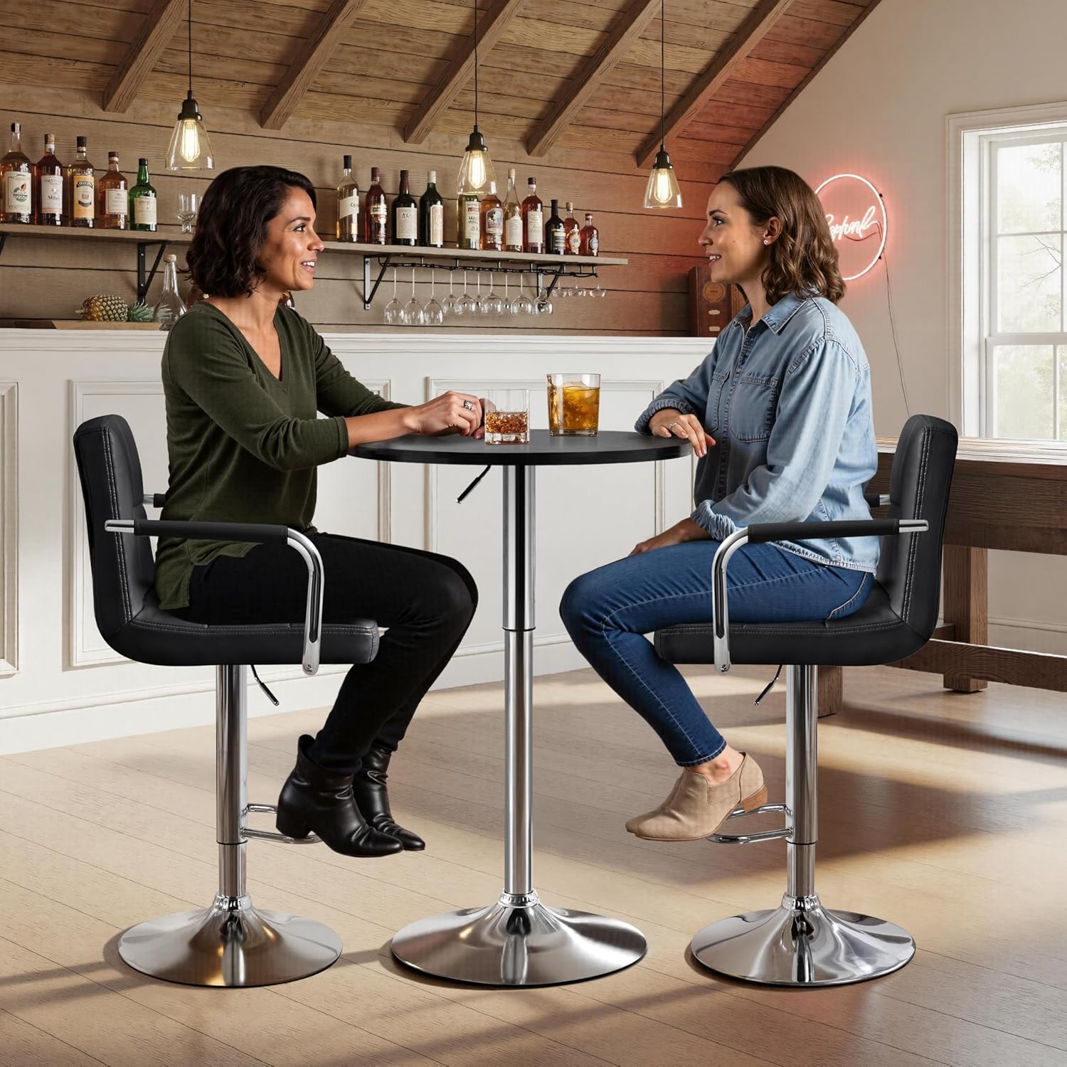 Yaheetech 3-Piece Round Bar Table and PU Leather Adjustable Swivel Chairs, Modern Counter Height Table Set with 2 Bar Stool for Kitchen, Black