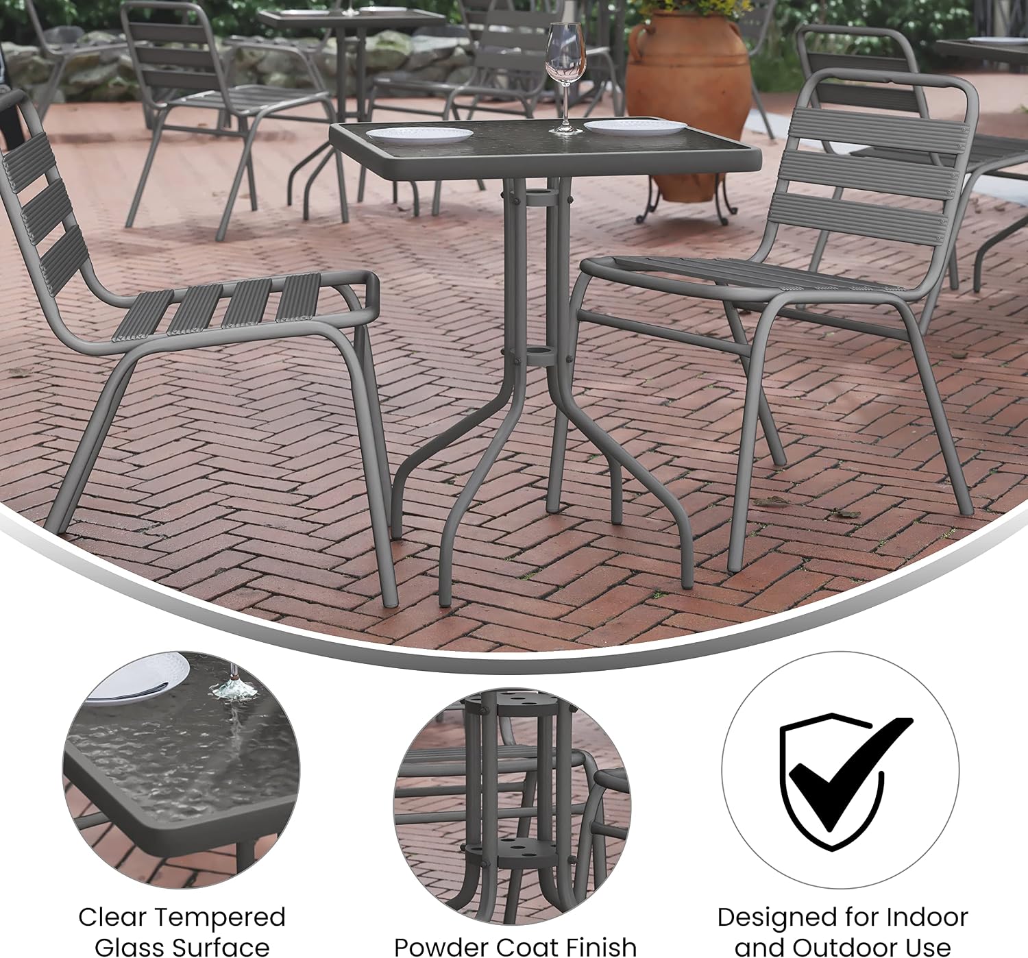 Flash Furniture TLH-0731SQ-017CSV2-GG Lila 23.5'' Square Glass Table with 2 Metal Aluminum Slat Stack Chairs, Silver
