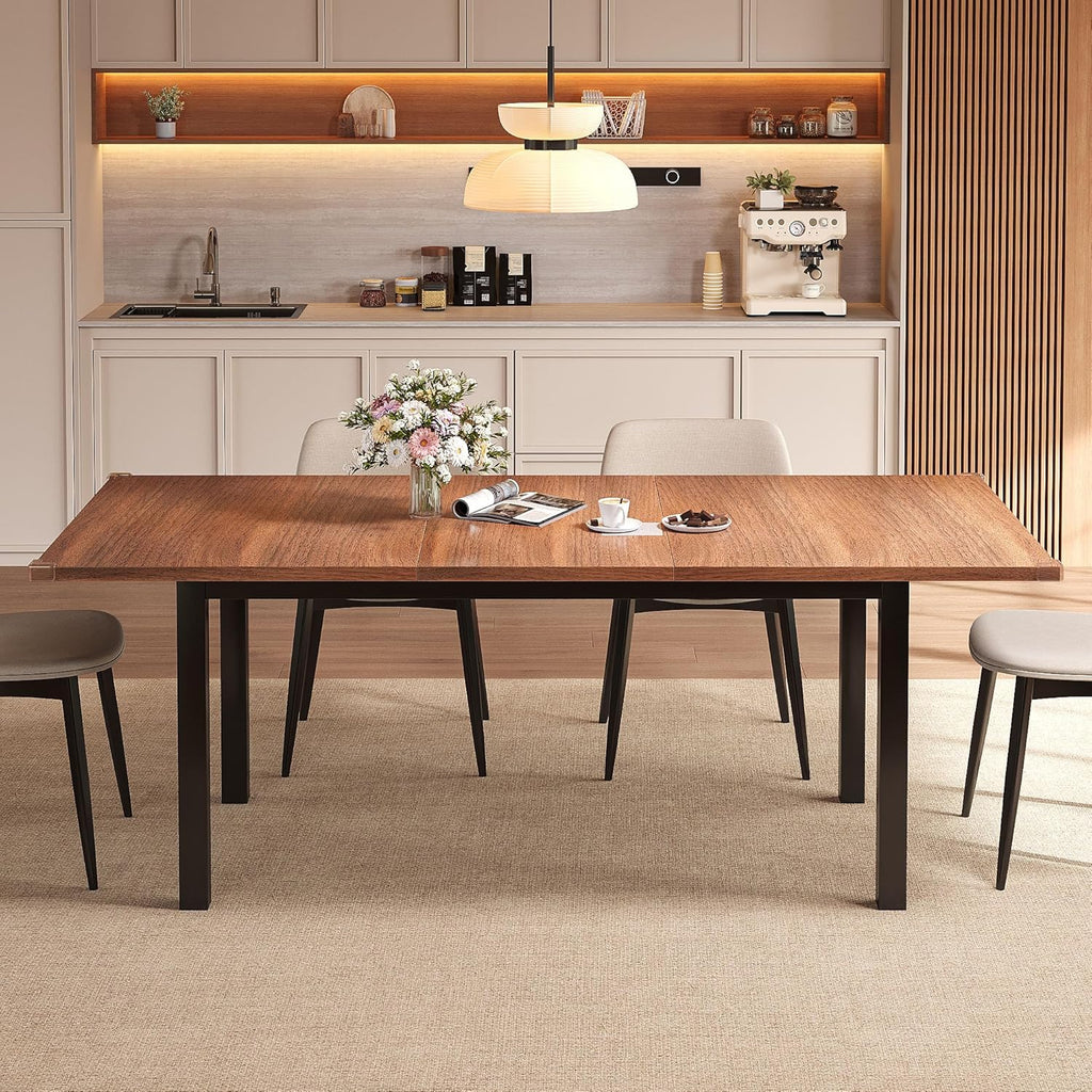 Einhomn Extendable Dining Table for 4-6, 63' Modern Kitchen Table, Farmhouse Dining Room Tables for Dining, Kitchen, Office, Living Room, Rectangular Wooden Tables, Space Saving (Walnut)