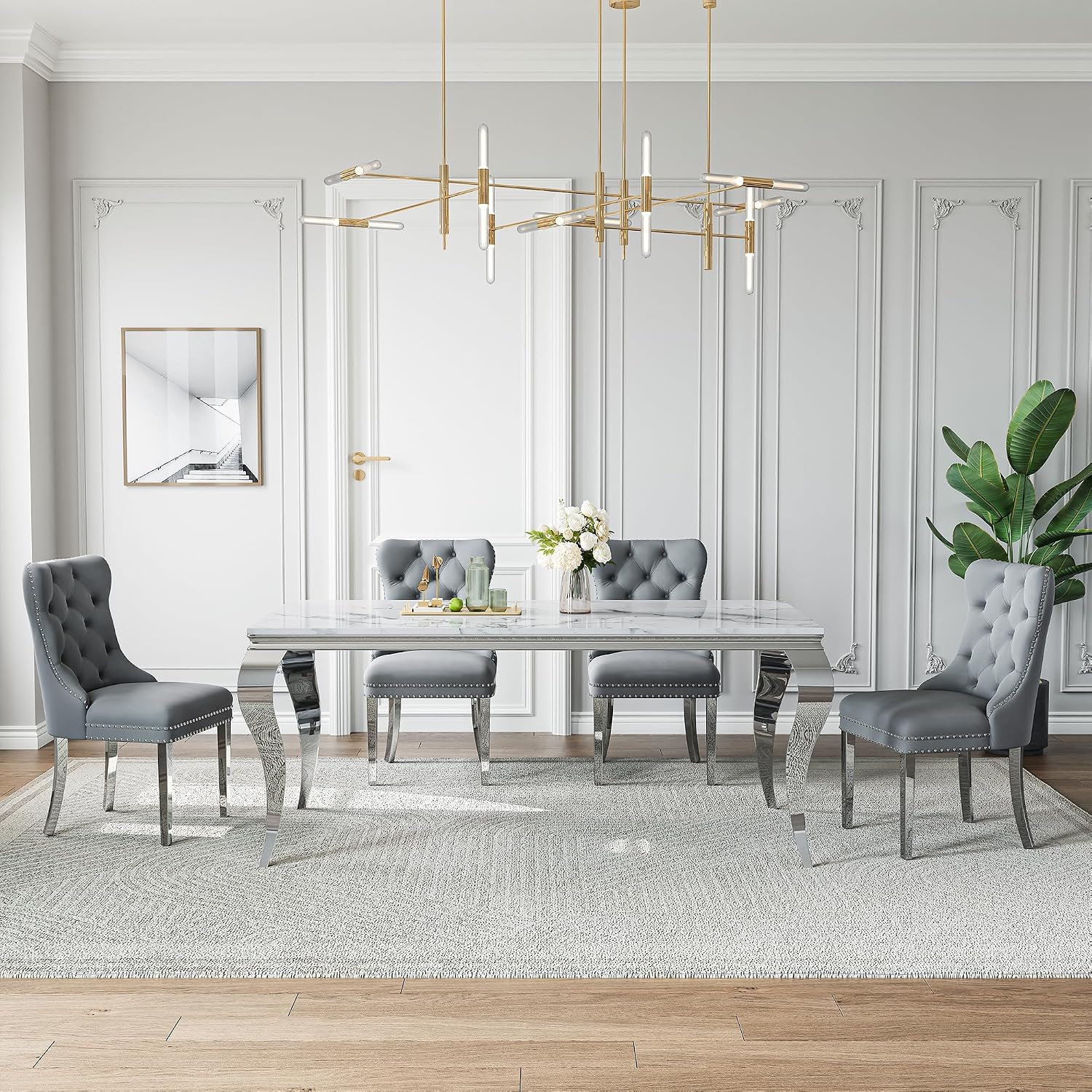 Marble Dining Table Set for 6,70' White Faux Marble Kitchen Table and Velvet Chairs for 6,7 Piece Luxury Dining Room Table Set and 6 Grey Tufted Dinning Chairs with Silver Stainless Steel Legs