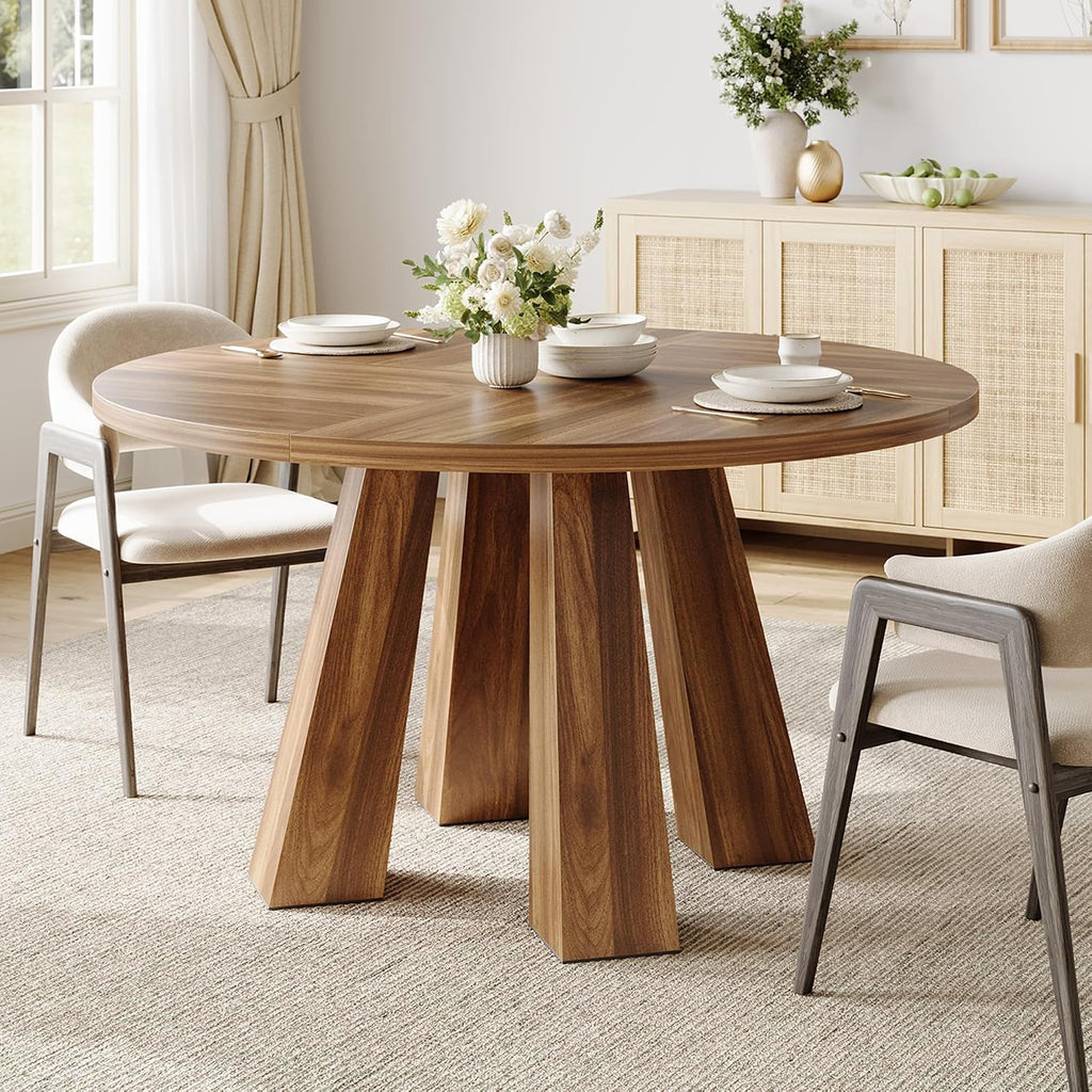 IDEALHOUSE 47' Round Dining Table for 4-6, Wood Kitchen Table with Sturdy Base, Farmhouse Circle Dinner Table for Dining Room, Living Room, 4 Strong Legs, Walnut