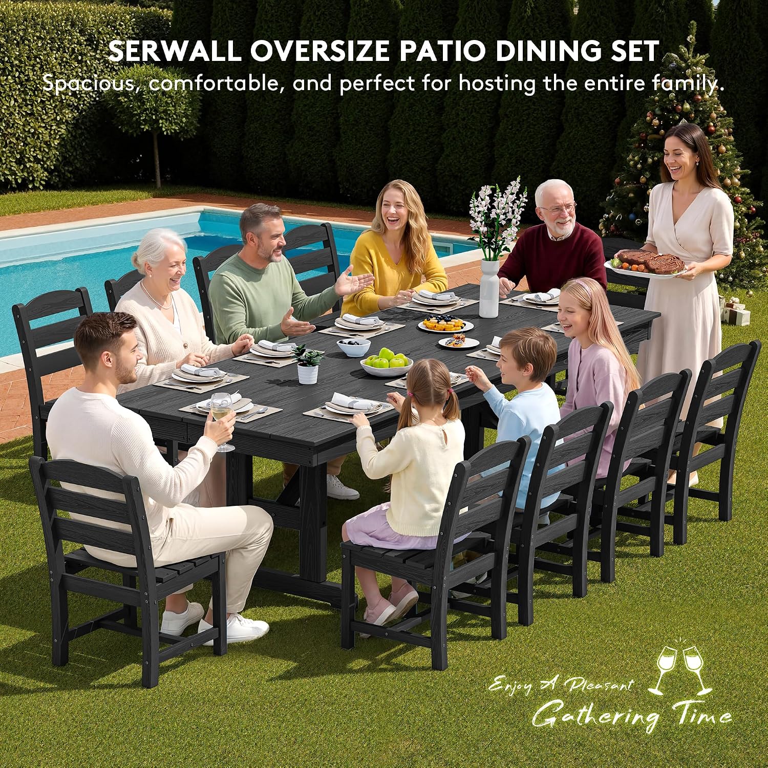 SERWALL Outdoor Dining Table, 84' Rectangular Dining Table for 6-10 Person, All Weather HDPE Outdoor Furniture for Backyard, Garden, Black