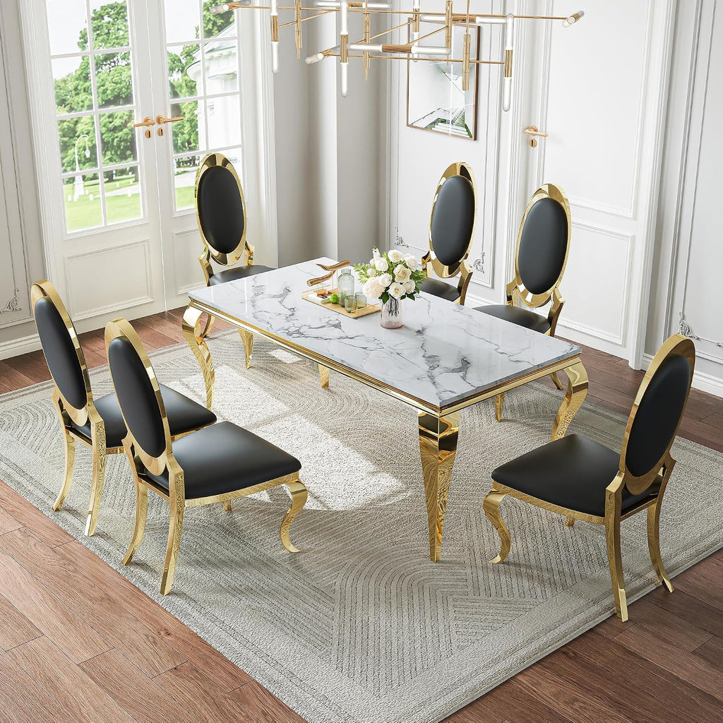 AF ARTISAN FURNITURE Modern Marble Dining Table Set of 4-70' Faux Marble Kitchen Table with 4 Leather Chairs, White Marble Top & Gold Mirrored Stainless Steel Legs, 4 Pieces Black High Back Chairs-c