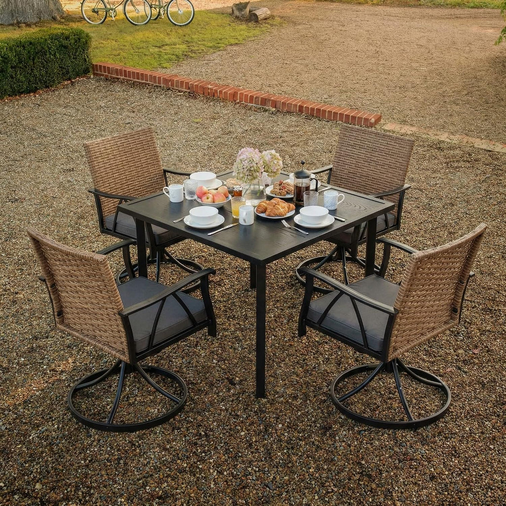 5-Piece Patio Dining Set for 4，Outdoor Dining Set with Wicker Swivel Patio Dining Chairs with Cushions & 1 Black Square Woodgrain Dining Table with 1.75'Market Umbrella Hole, Black & Brown