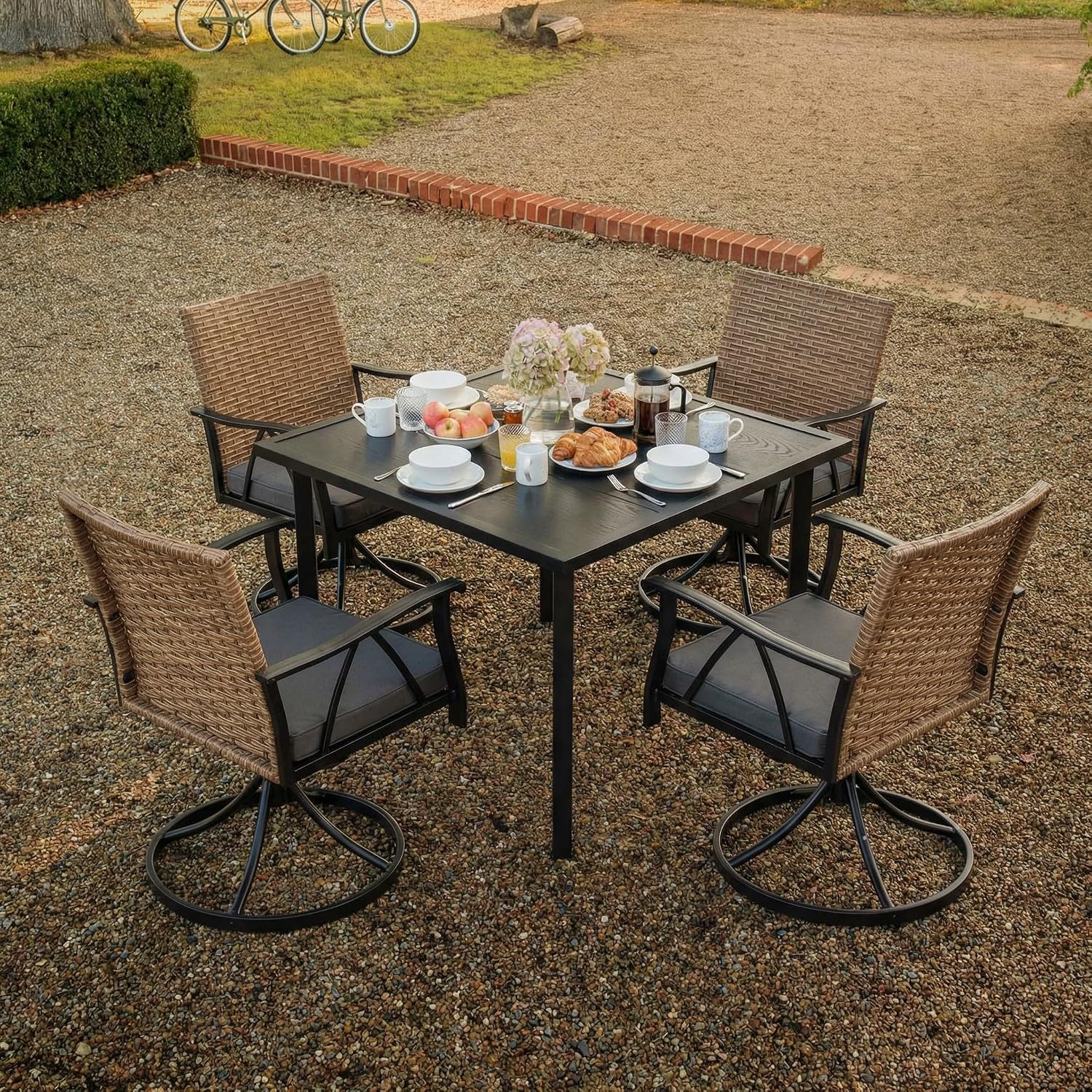 5-Piece Patio Dining Set for 4，Outdoor Dining Set with Wicker Swivel Patio Dining Chairs with Cushions & 1 Black Square Woodgrain Dining Table with 1.75'Market Umbrella Hole, Black & Brown