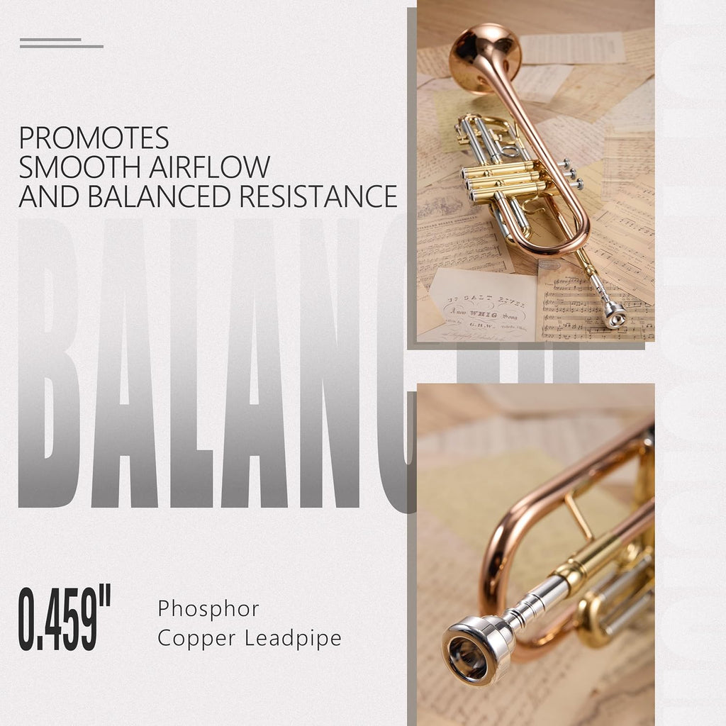 AKLOT Tri-Metallic Artistry Bb Trumpet: Phosphor Bronze Bell, Smooth Monel Valves, Double-Bar Support System, Includes Premium Leather Case, Lesson Book, 7C Mouthpiece, Mute, Cleaning Kit (SNR-PriFTG)