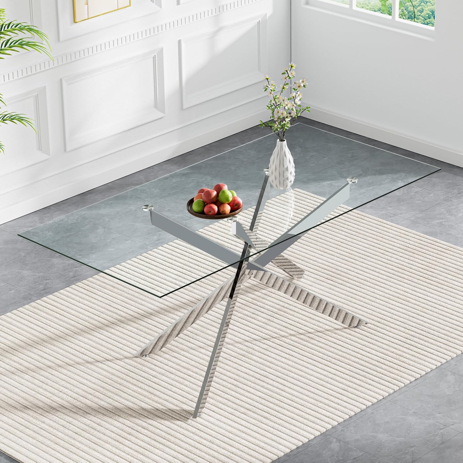60' Glass Dining Table Modern Kitchen Table for 4-6 People, Contemporary Rectangular Dining Room Dinner Tables with Clear Glass Top & Silver Metal X Legs for Kitchen Apartment