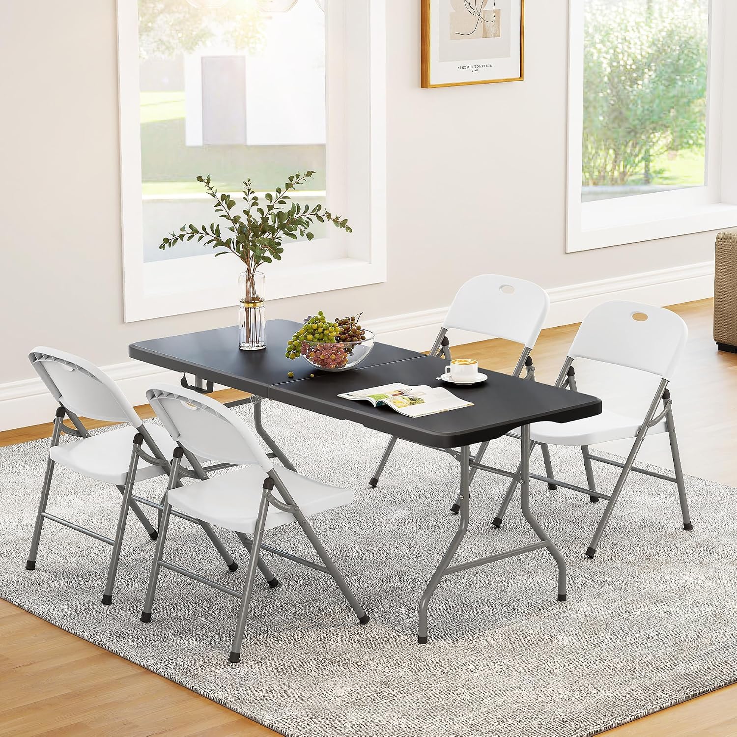 8 Foot Folding Table 350 LBS Heavy Duty, 18% Thicker HDPE Waterproof Top, Portable Fold in Half with Carry Handle and Safety Locks, Reinforced Steel Frame for Indoor Outdoor Party Events