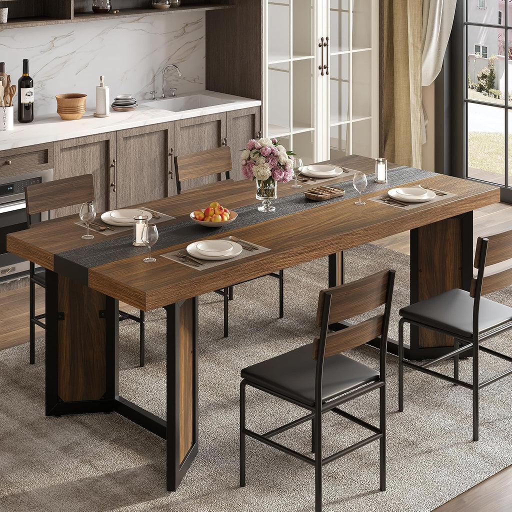 Industrial Dining Table for 6-8 People, 71' Large Long Wooden Kitchen Table with Sturdy Metal Frame & Brown Finish, Rustic Style Rectangular Dinner Table for Dining Room, Kitchen (Reddish Brown )