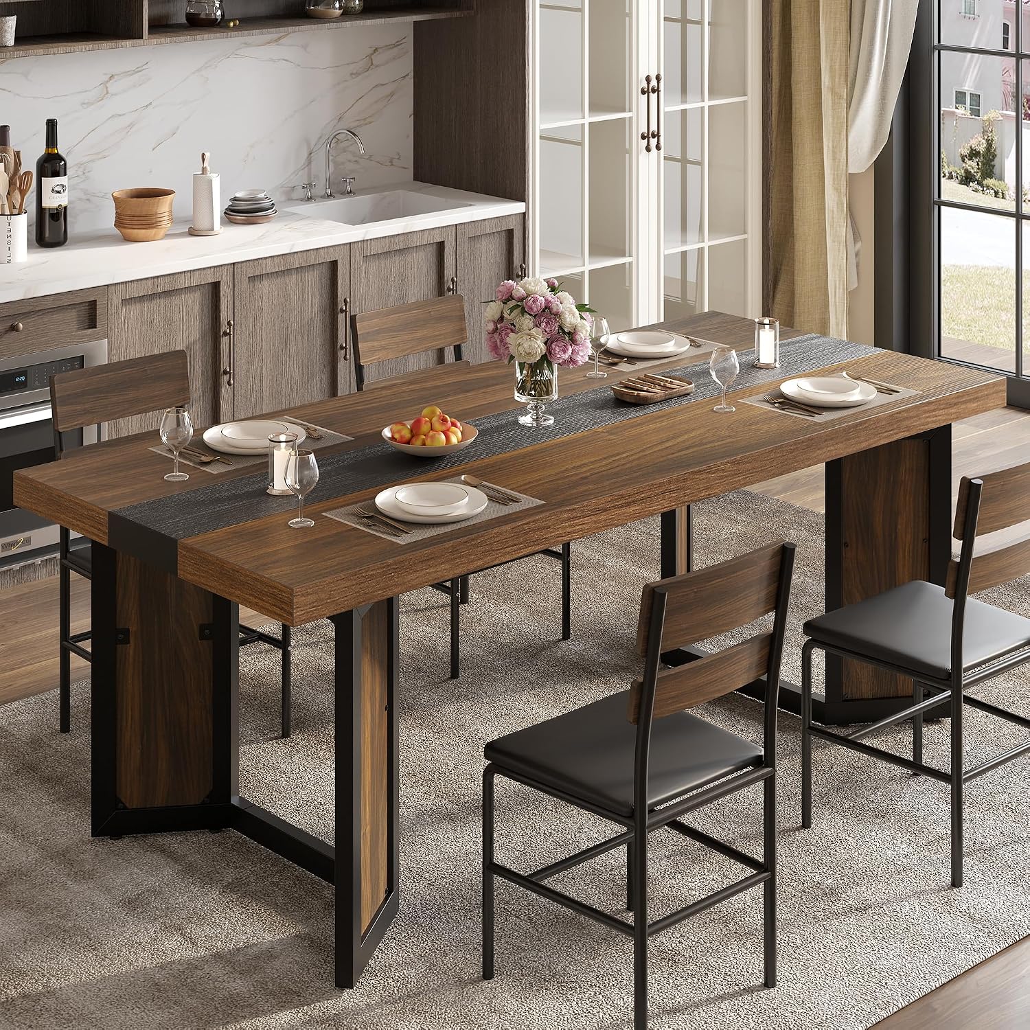 Industrial Dining Table for 6-8 People, 71' Large Long Wooden Kitchen Table with Sturdy Metal Frame & Brown Finish, Rustic Style Rectangular Dinner Table for Dining Room, Kitchen (Reddish Brown )