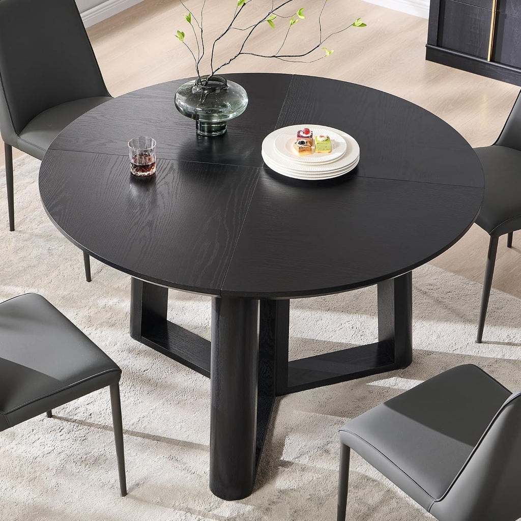 OKD 47' Dining Table for 4-6, Round Dining Room Table with Triangular Structure Pedestal Stable Base, Curved Table Edge, Circle Kitchen Tables for Dining Room, Kitchen, Black Oak