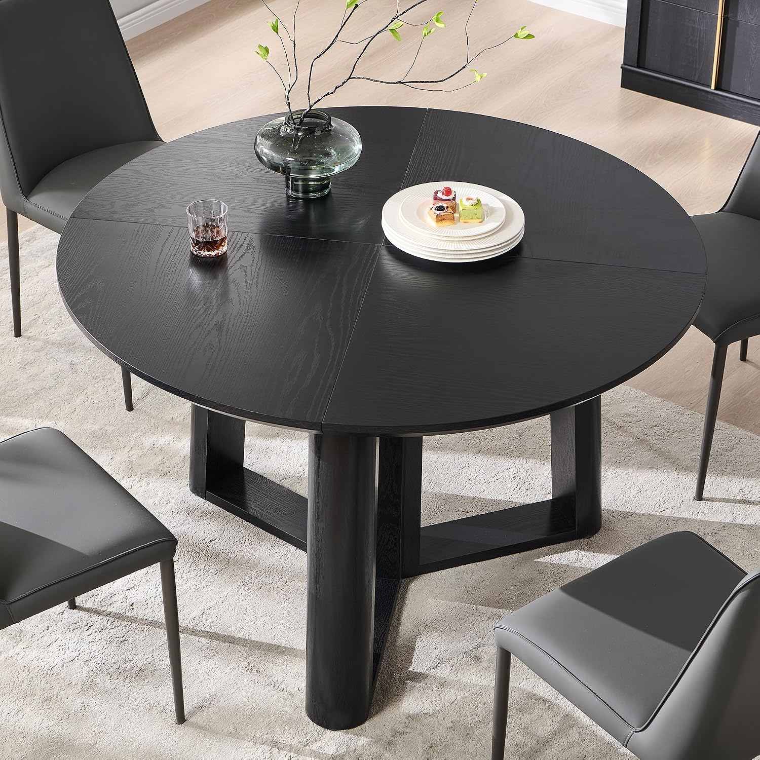 OKD 47' Dining Table for 4-6, Round Dining Room Table with Triangular Structure Pedestal Stable Base, Curved Table Edge, Circle Kitchen Tables for Dining Room, Kitchen, Black Oak