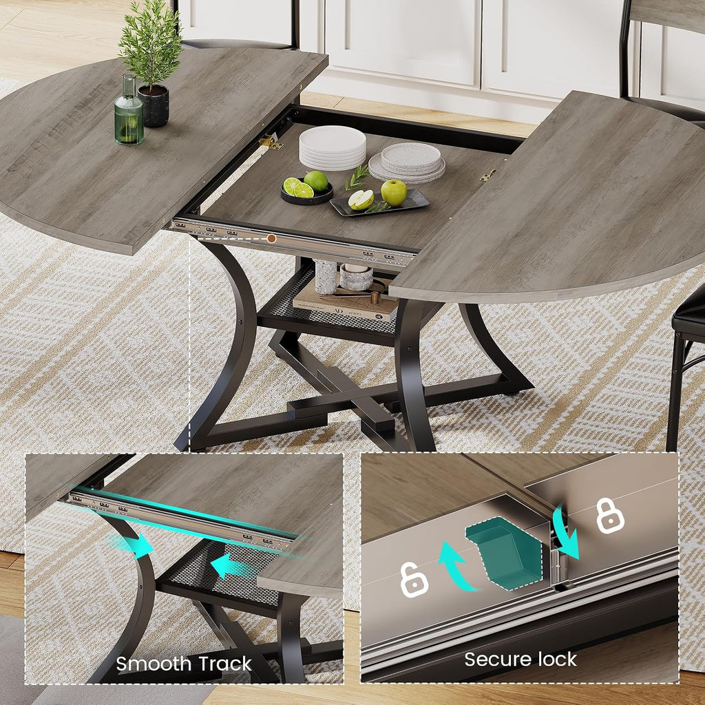 Itaar Round Extendable Dining Table Set for 4-6 People, 5-Piece Kitchen Table Set with 4 Cushion Chairs, Dining Room Table for 6 with MDF Board & Metal Frame for Small Space, Easy Clean, Grey