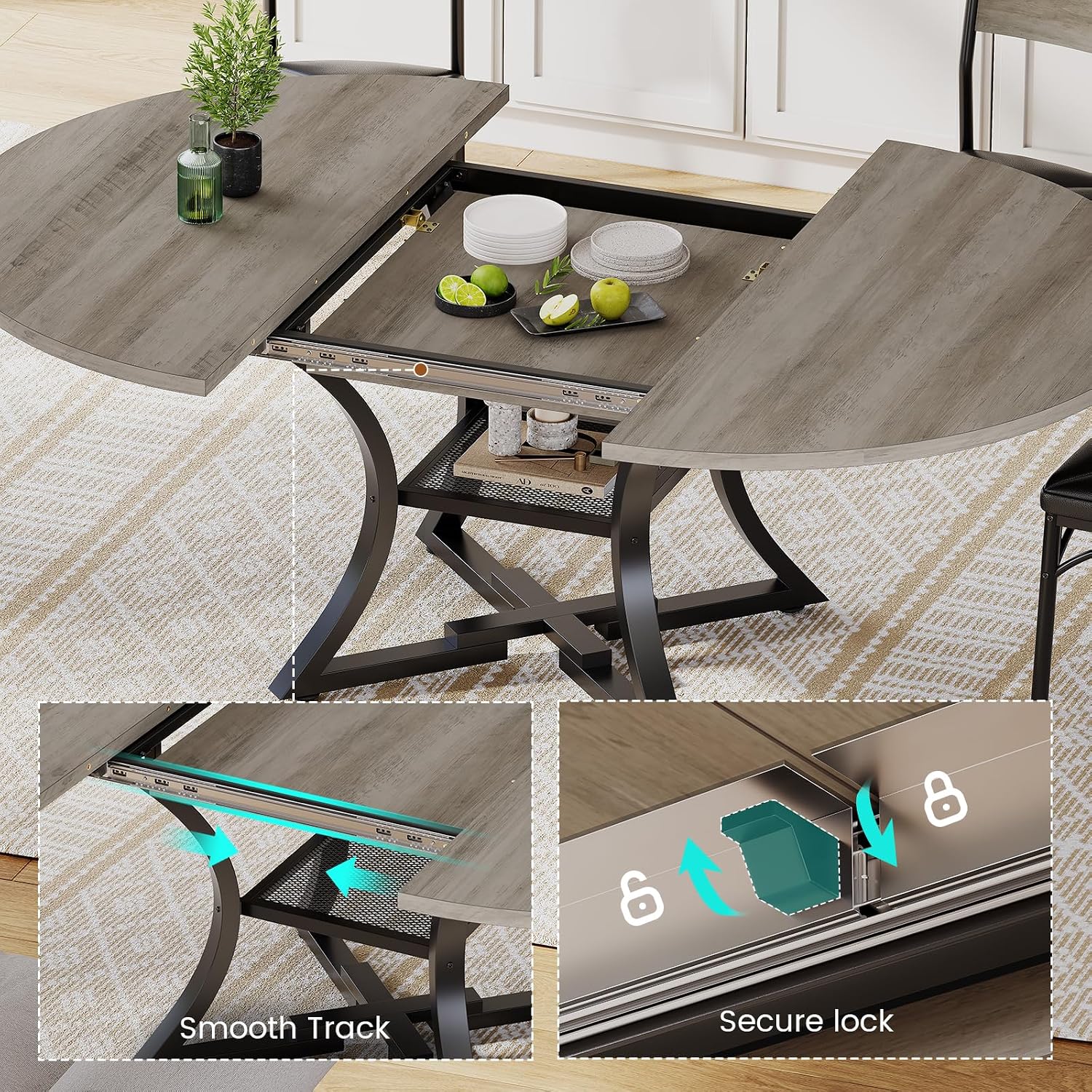 Itaar Round Extendable Dining Table Set for 4-6 People, 5-Piece Kitchen Table Set with 4 Cushion Chairs, Dining Room Table for 6 with MDF Board & Metal Frame for Small Space, Easy Clean, Grey