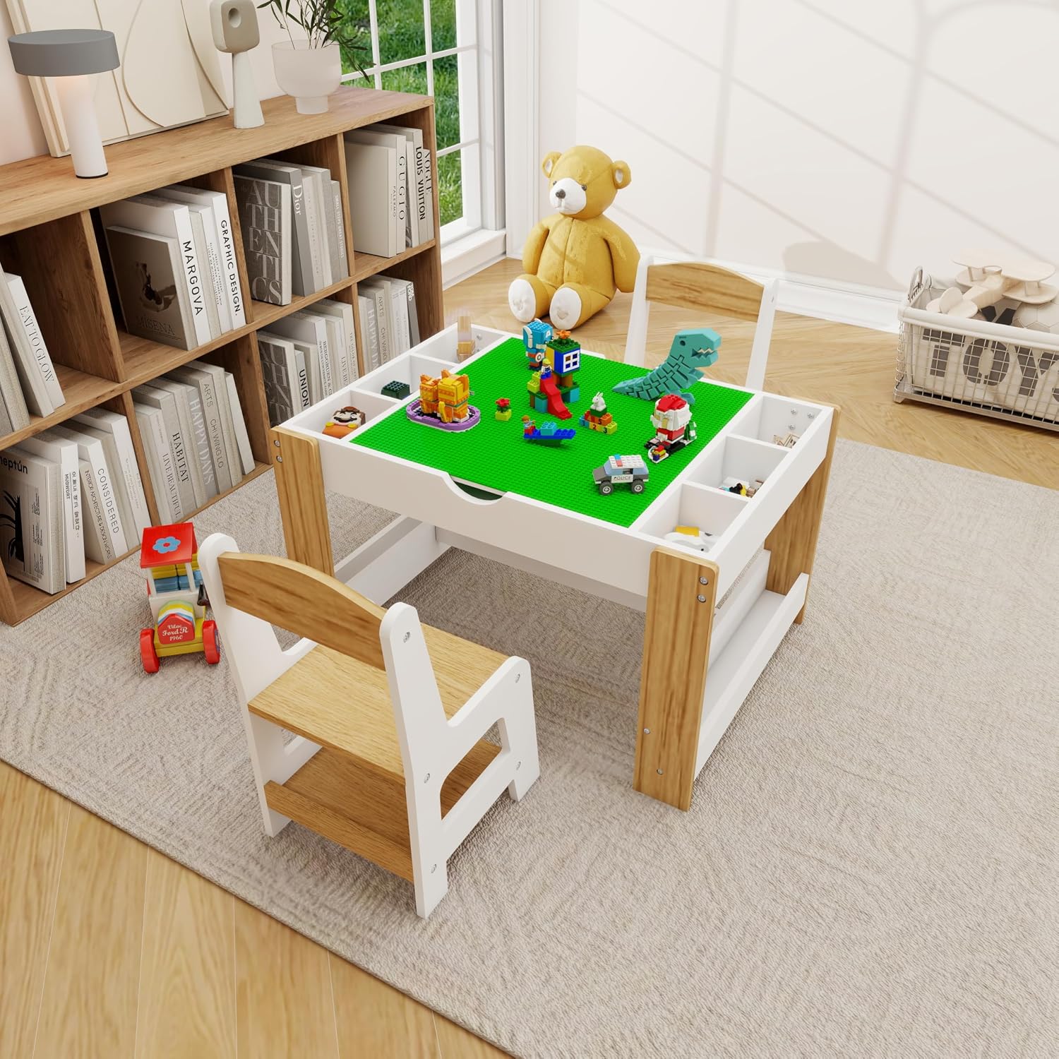 3 in 1 Play Table & 2 Chairs Set, Gaming Table with 7 Storage Compartments Compatible with LEGO Building Block, Modern Activity Learning Table Game Furniture, White+Green